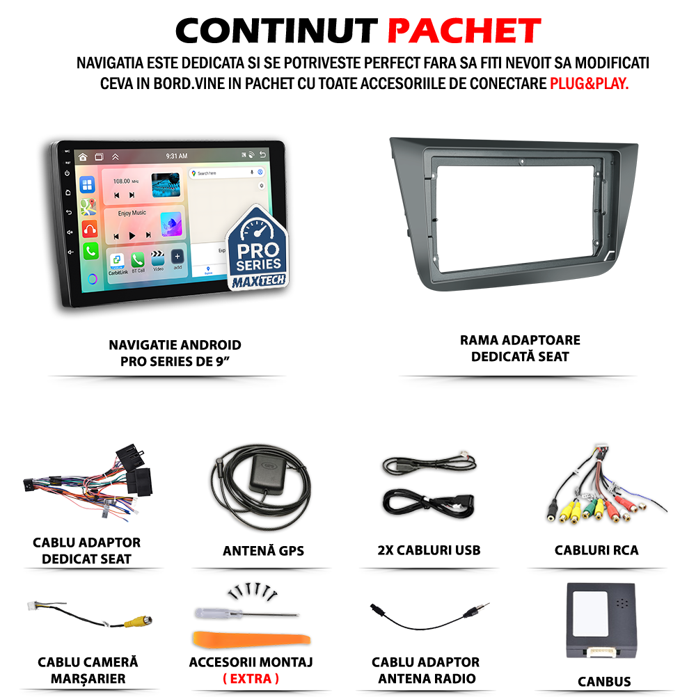 Navigatie SEAT Altea 5P (2004-2015) dedicata, MaxTech® PRO SERIES, 2 GB Ram 64 GB Rom, Carplay si Android auto, Ecran 9” HD Touch, GPS, Wifi, Bluetooth, Radio, USB, EQ, DSP, Waze