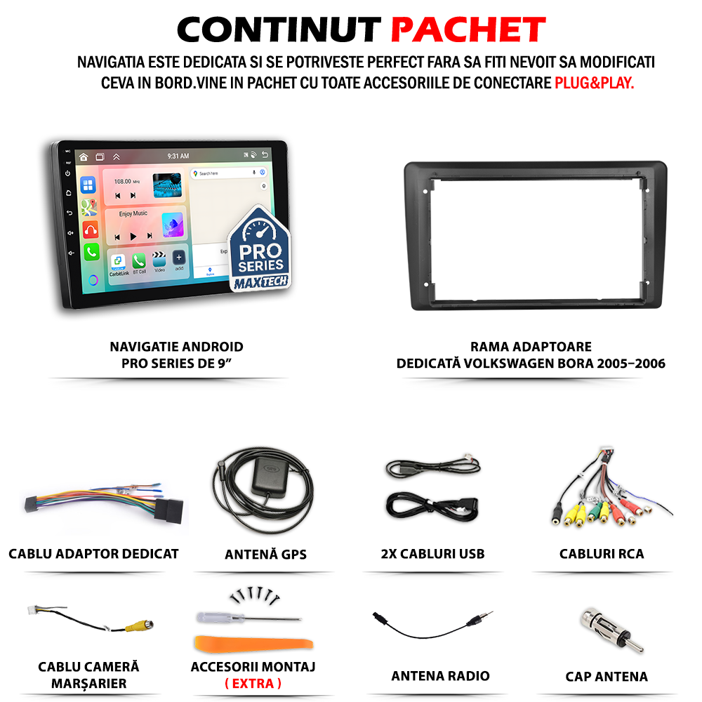 Navigatie Volkswagen Bora 2005–2006 dedicata , MaxTech® PRO SERIES, 2 GB Ram 64 GB Rom, Carplay si Android auto, Ecran 9” HD Touch, GPS, Wifi, Bluetooth, Radio, USB, EQ, DSP, Waze
