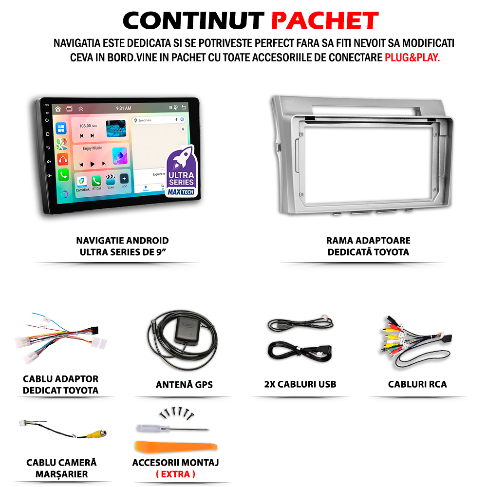 Navigatie Toyota Corolla Verso II (2004-2009) dedicata, MaxTech® PRO SERIES, 2 GB Ram 64 GB Rom, Carplay si Android auto, Ecran 9” HD Touch, GPS, Wifi, Bluetooth, Radio, USB, EQ, DSP, Waze