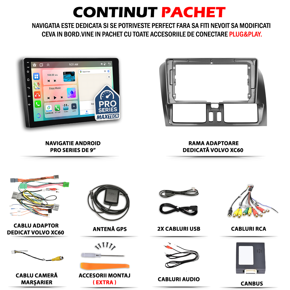 Navigatie Volvo XC60 I (2008-2013) Pre-Facelift dedicata, MaxTech® PRO SERIES, 2 GB Ram 64 GB Rom, Carplay si Android auto, Ecran 9” HD Touch, GPS, Wifi, Bluetooth, Radio, USB, EQ, DSP, Waze