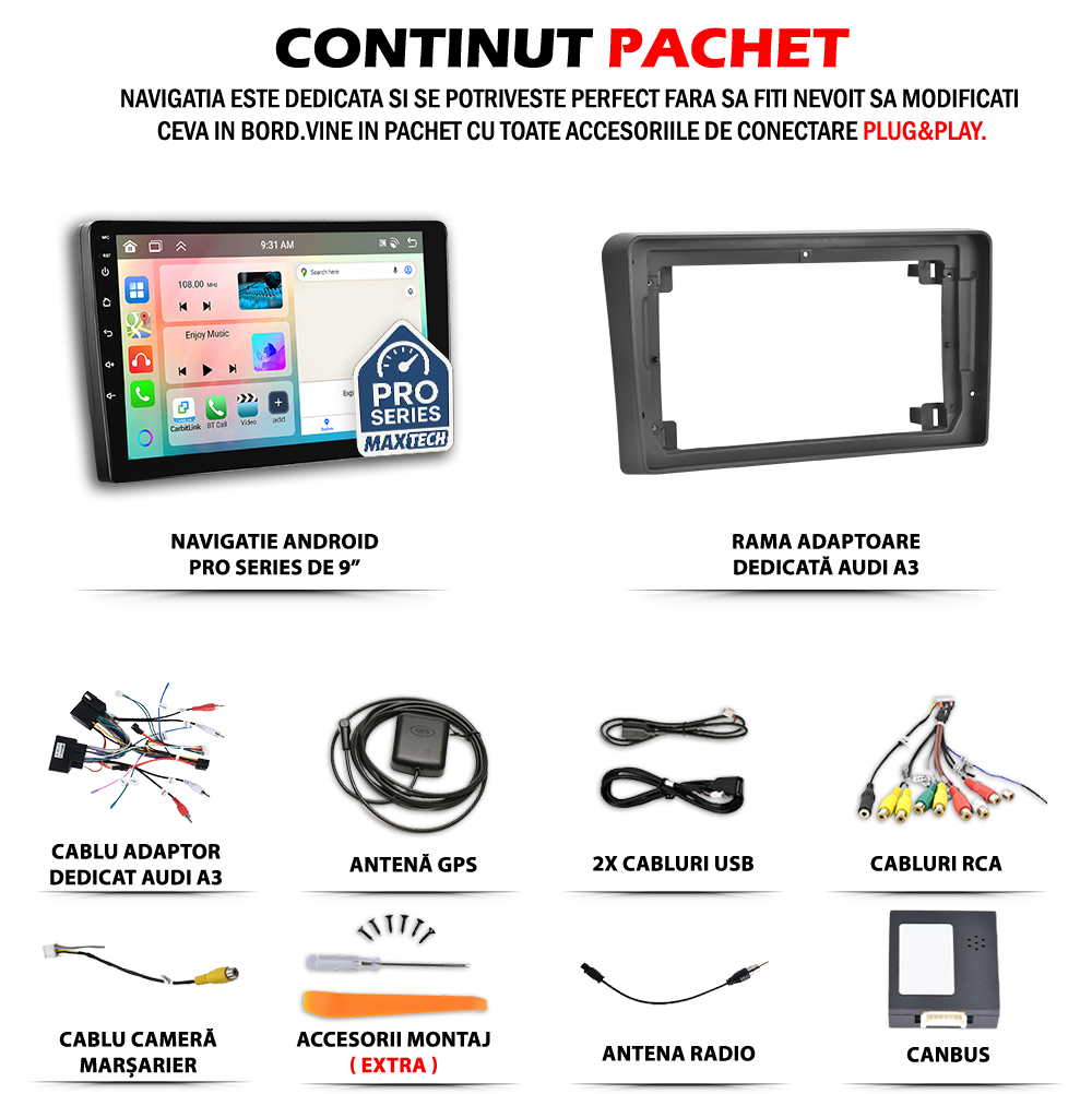 Navigatie Audi A3 Facelift 2008-2012  dedicata, MaxTech® PRO SERIES, 4 GB Ram 64 GB Rom, Carplay si Android auto, Ecran 9 ” HD Touch, GPS, Wifi, Bluetooth, Radio, USB, EQ, DSP, Waze