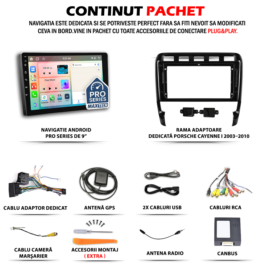 Navigatie Porsche Cayenne I (2003–2010) dedicata, MaxTech® PRO SERIES, 4 GB Ram 64 GB Rom, Carplay si Android auto, Ecran 9 ” HD Touch, GPS, Wifi, Bluetooth, Radio, USB, EQ, DSP, Waze