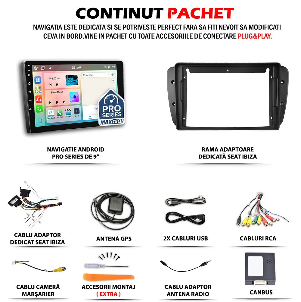 Navigatie SEAT Ibiza IV 6J (2012-2015) facelift dedicata, MaxTech® PRO SERIES, 2 GB Ram 64 GB Rom, Carplay si Android auto, Ecran 9” HD Touch, GPS, Wifi, Bluetooth, Radio, USB, EQ, DSP, Waze