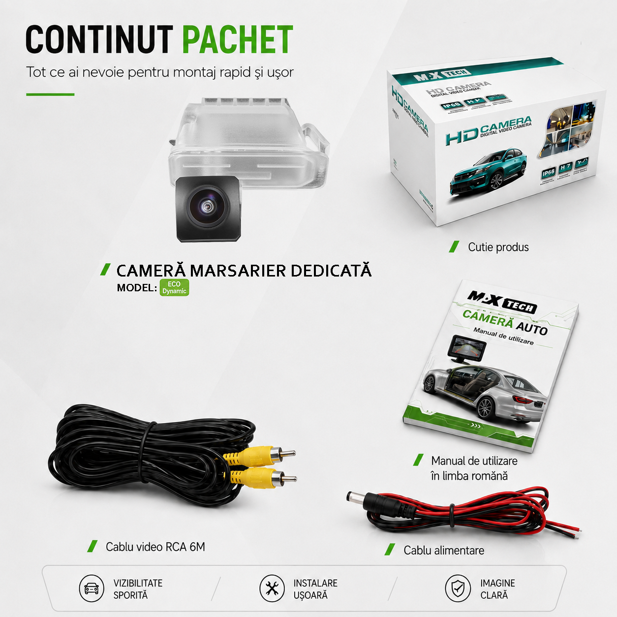 Camera marșarier Ford Fiesta, Focus, Mondeo, Kuga, S-Max dedicată, MaxTech® ECO Dynamic, suport lampă număr OEM, Fisheye CVBS 960x720, unghi 155°, linii dinamice, RCA, navigații Android aftermarket