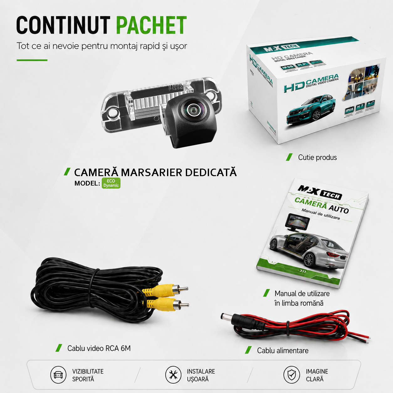 Camera marsarier Mercedes ML-Class W164, GL-Class X164, R-Class W251 dedicata, MaxTech ECO Dynamic, suport lampa numar OEM, CVBS 960x720, unghi 155 grade, linii dinamice, RCA, navigatii Android aftermarket