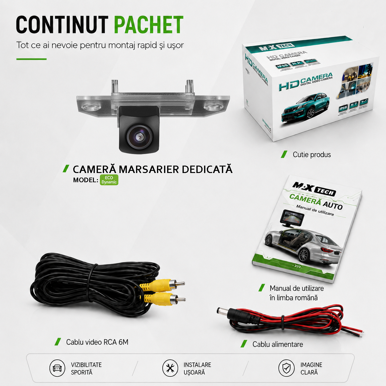 Camera marsarier Ford Focus II Sedan, C-Max I, Focus C-Max dedicata, MaxTech ECO Dynamic, suport lampa numar OEM, CVBS 960x720, unghi 155 grade, linii dinamice, RCA, navigatii Android aftermarket