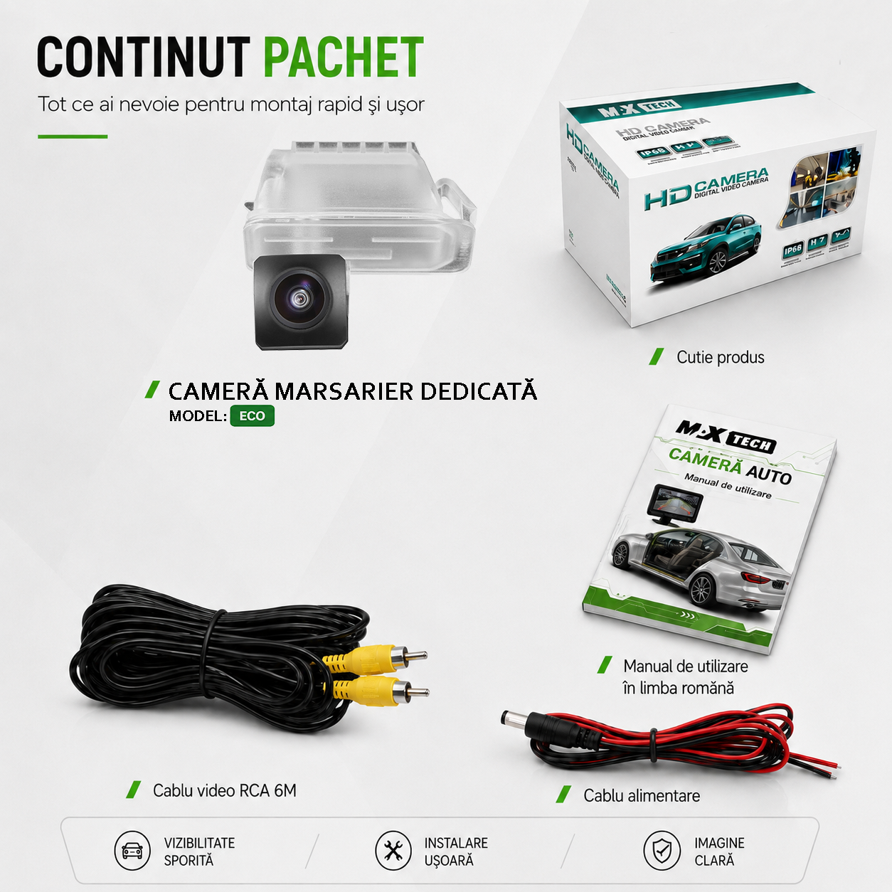 Camera marșarier Ford Fiesta, Focus, Mondeo, Kuga, S-Max dedicată, MaxTech® ECO, suport lampă număr OEM, Fisheye CVBS 720x480, unghi 120°, RCA, navigații Android aftermarket