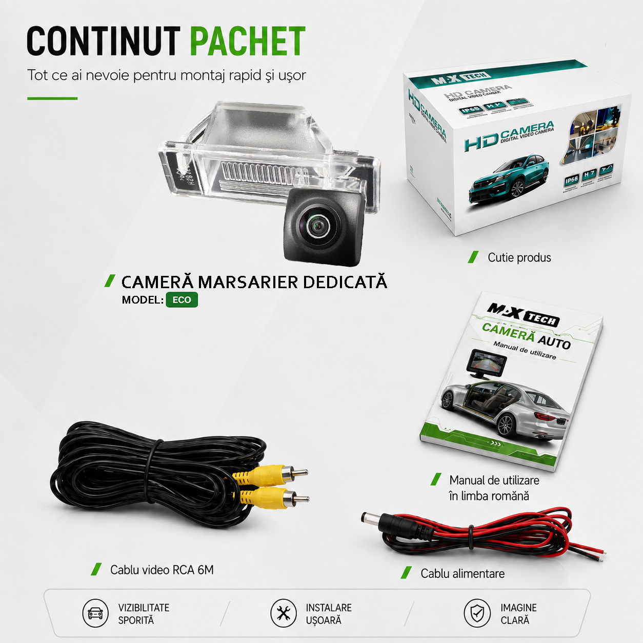Camera marsarier Nissan Qashqai I, Qashqai+2, X-Trail II dedicata, MaxTech ECO, suport lampa numar OEM, Fisheye CVBS 720x480, unghi 120 grade, RCA, navigatii Android aftermarket