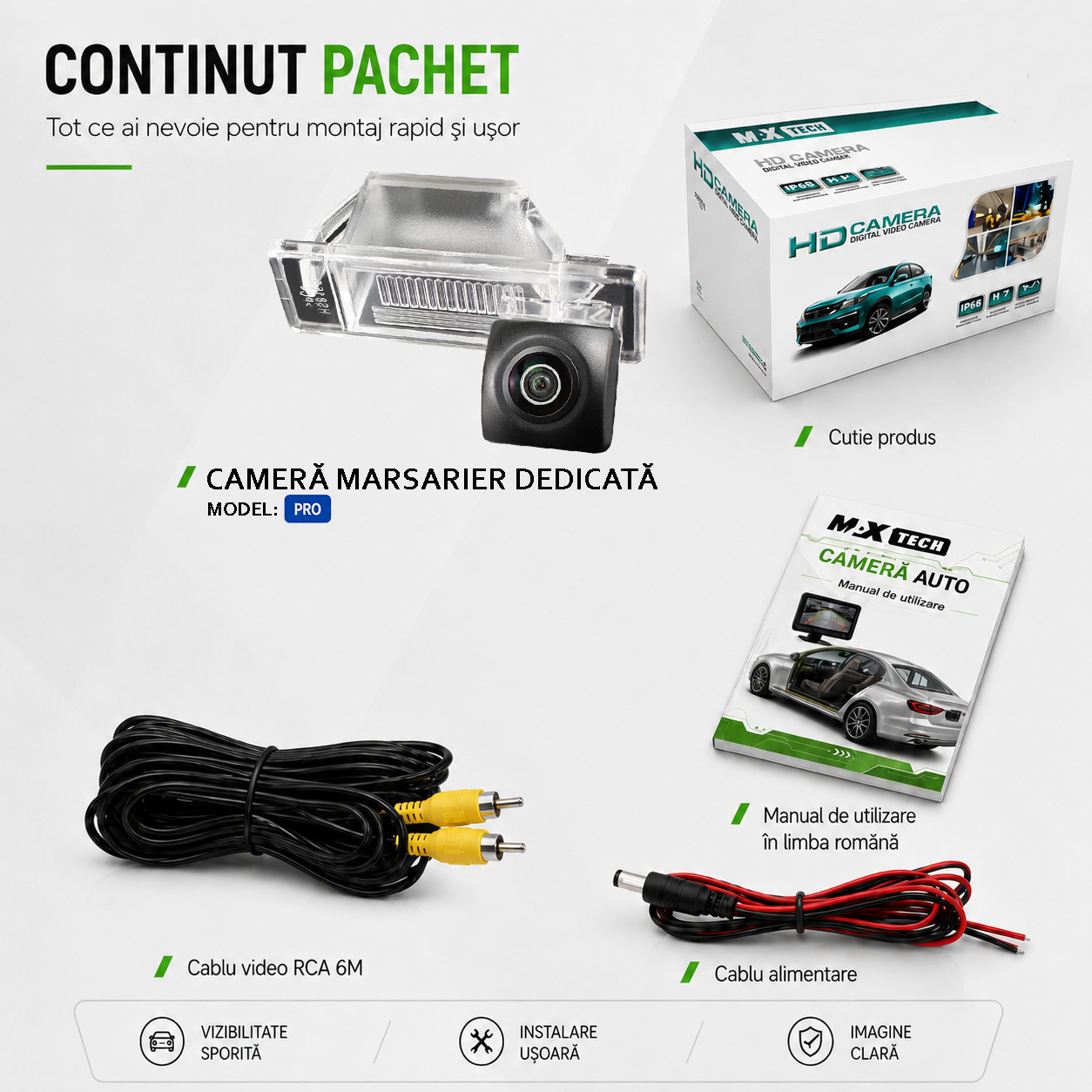 Camera marsarier Nissan Qashqai I, Qashqai+2, X-Trail II dedicata, MaxTech PRO, suport lampa numar OEM, AHD/CVBS 1280x720, unghi 155 grade, RCA, navigatii Android aftermarket