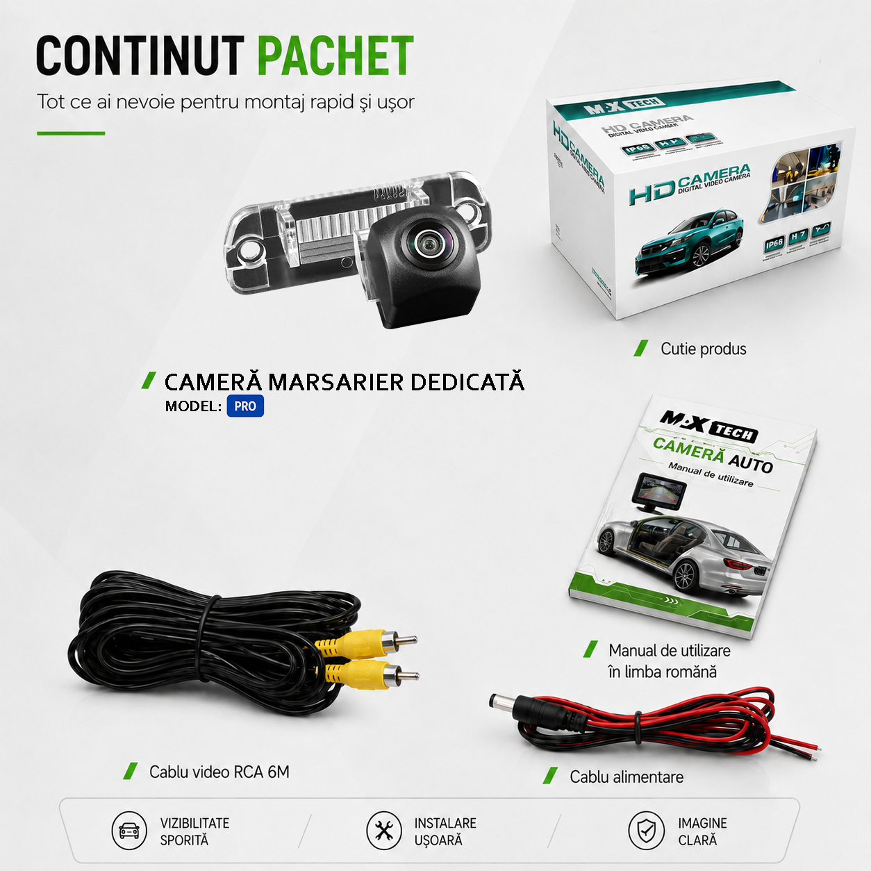 Camera marsarier Mercedes ML-Class, GL-Class, R-Class dedicata, MaxTech PRO, suport lampa numar OEM, AHD/CVBS 1280x720, unghi 155 grade, RCA, navigatii Android aftermarket
