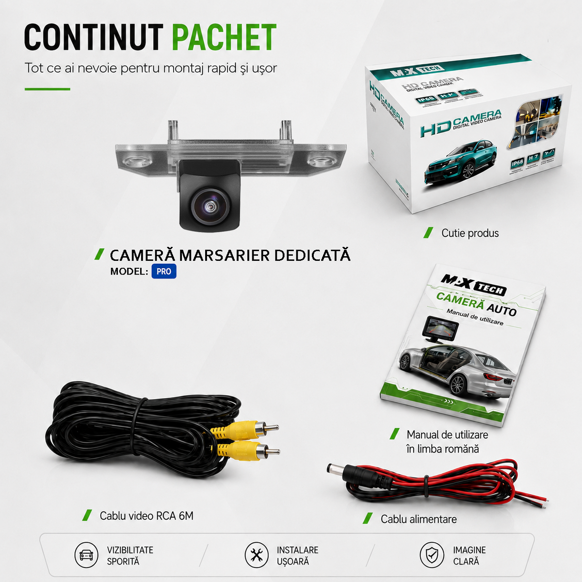 Camera marsarier Ford Focus II Sedan, C-Max I, Focus C-Max dedicata, MaxTech PRO, suport lampa numar OEM, AHD/CVBS 1280x720, unghi 155 grade, RCA, navigatii Android aftermarket
