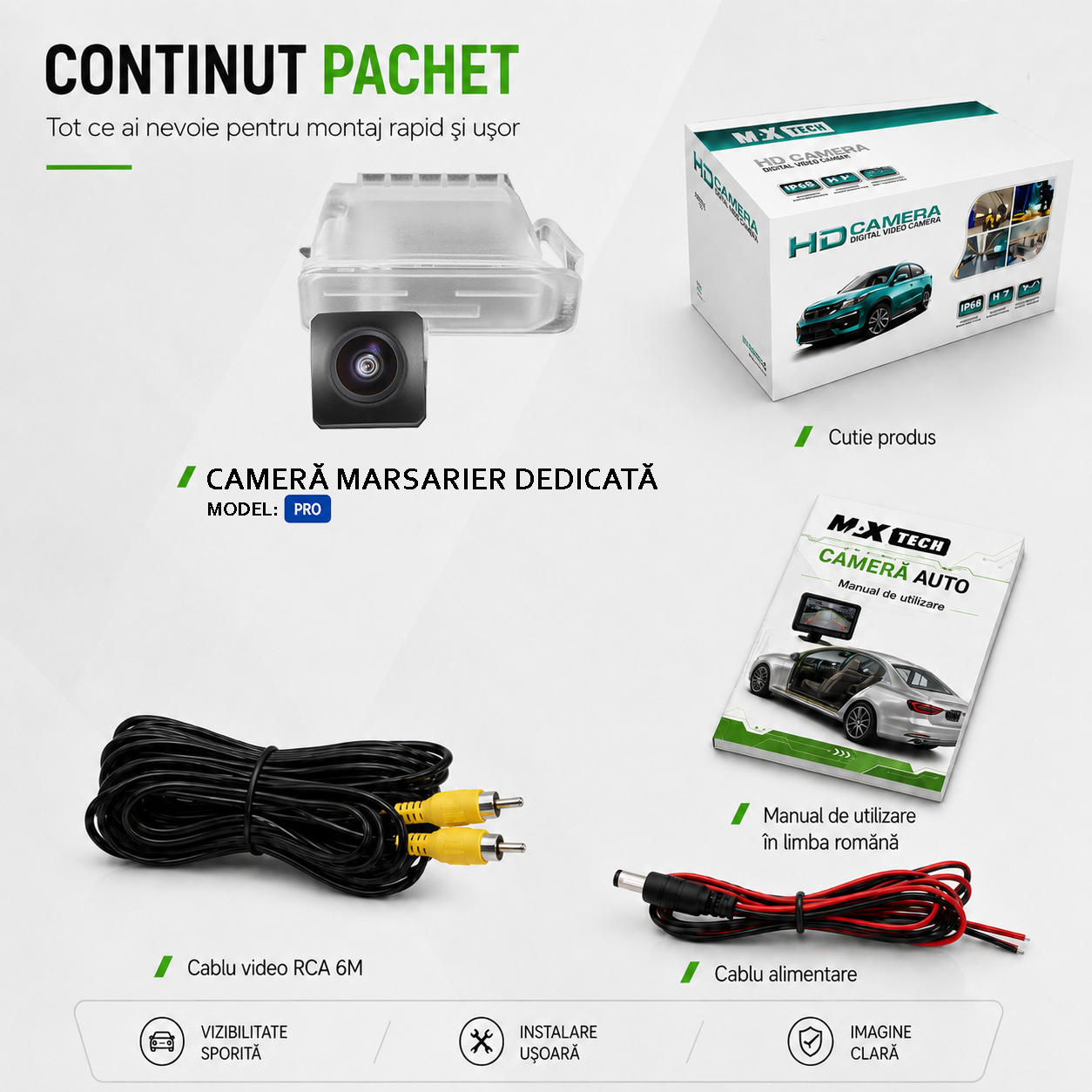Camera marșarier Ford Fiesta, Focus, Mondeo, Kuga, S-Max dedicată, MaxTech® PRO, suport lampă număr OEM, Fisheye AHD/CVBS 1280x720, unghi 155°, RCA, navigații Android aftermarket