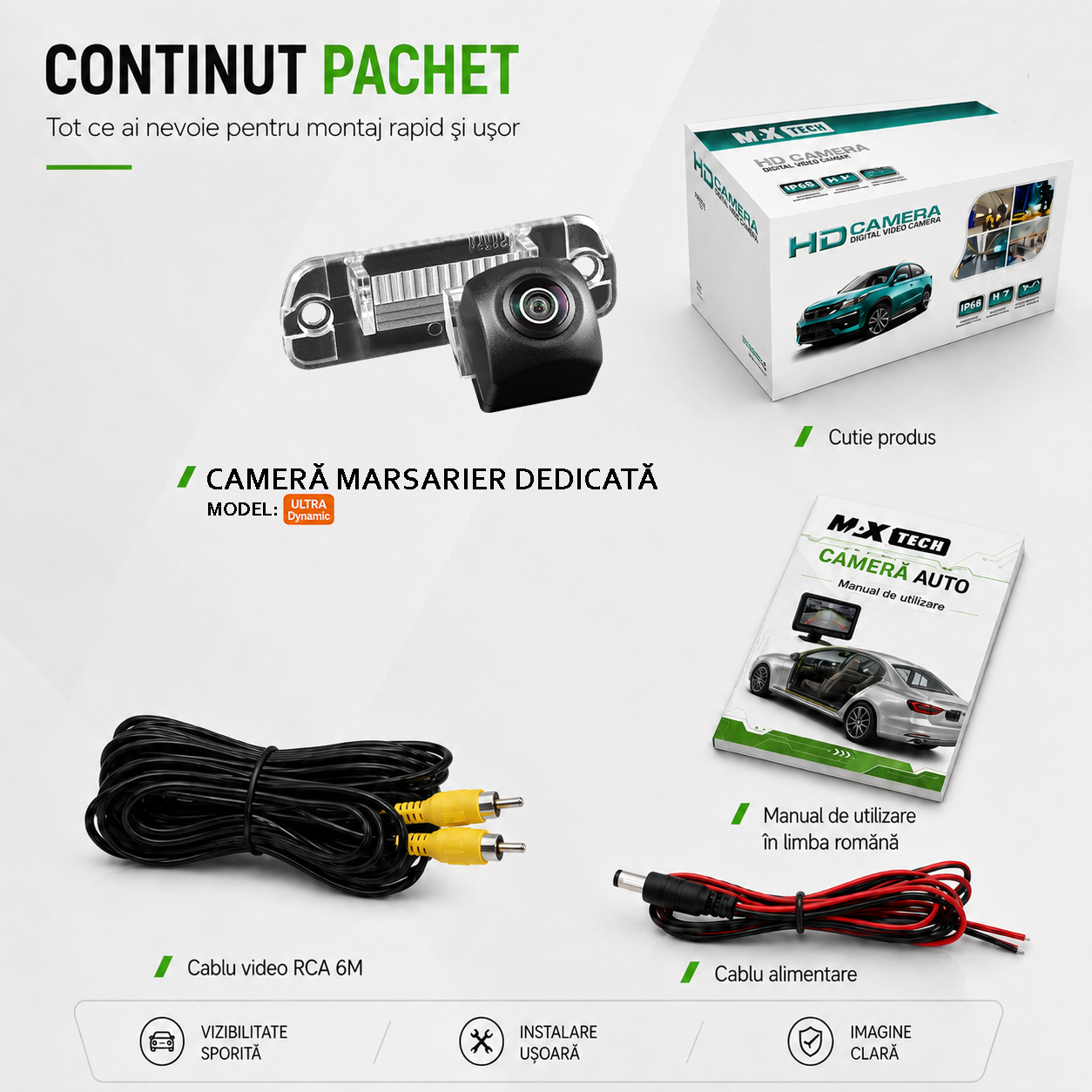Camera marsarier Mercedes ML-Class, GL-Class, R-Class dedicata, MaxTech ULTRA Dynamic, suport lampa numar OEM, AHD 1080p CVBS 720p, unghi 155 grade, linii dinamice, RCA, navigatii Android aftermarket