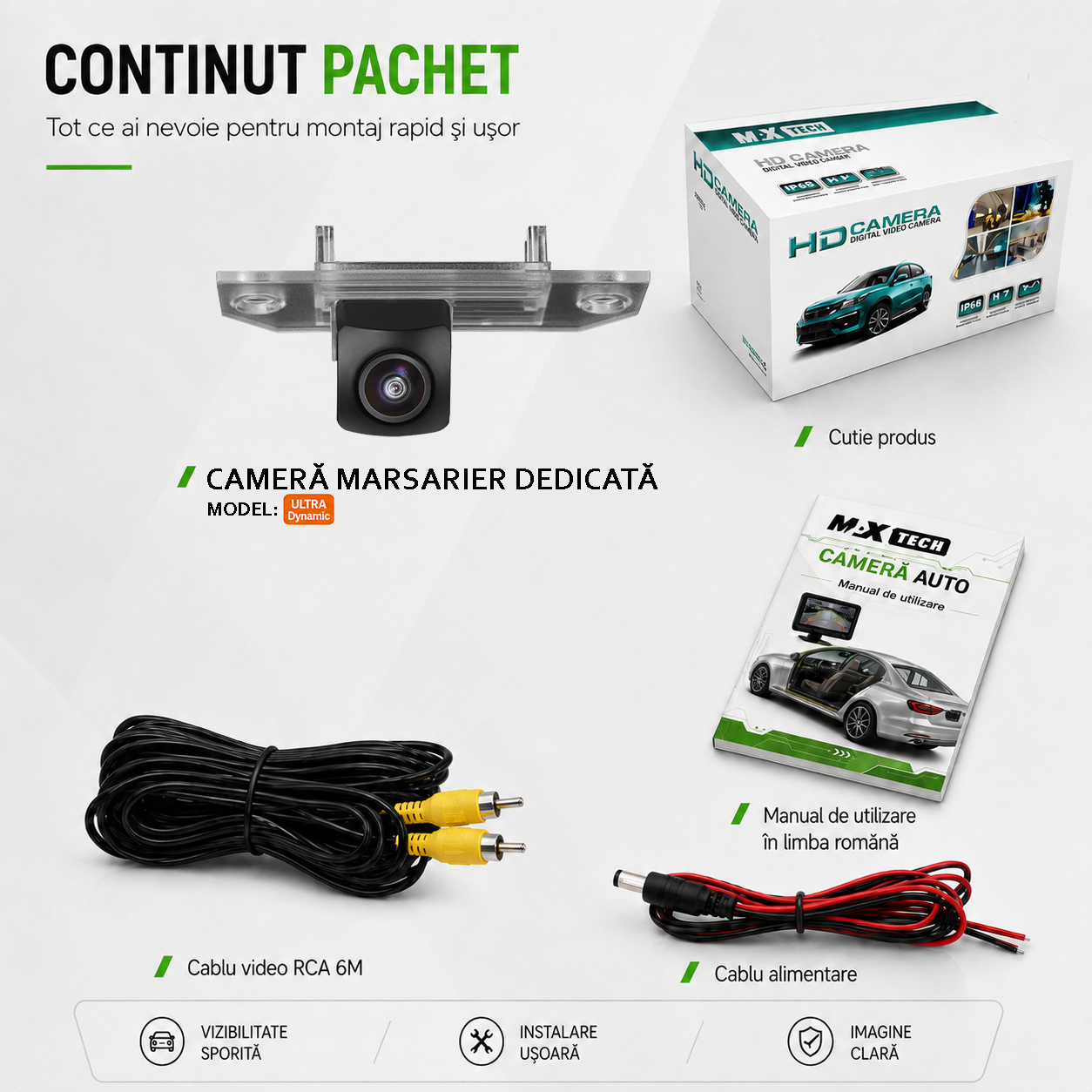 Camera marsarier Ford Focus II, C-Max, Focus C-Max dedicata, MaxTech ULTRA Dynamic, suport lampa numar OEM, AHD 1080p CVBS 720p, unghi 155 grade, linii dinamice, RCA, navigatii Android aftermarket