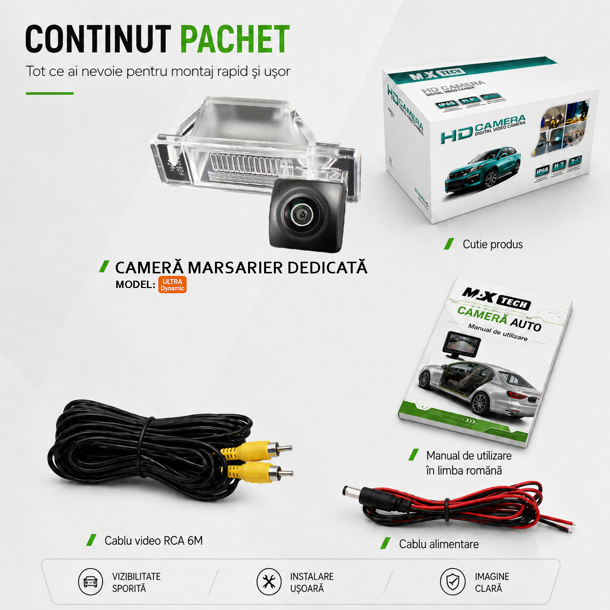 Camera marsarier Nissan Qashqai I, Qashqai+2, X-Trail II dedicata, MaxTech ULTRA Dynamic, suport lampa numar OEM, AHD 1080p CVBS 720p, unghi 155 grade, linii dinamice, RCA, navigatii Android aftermarket