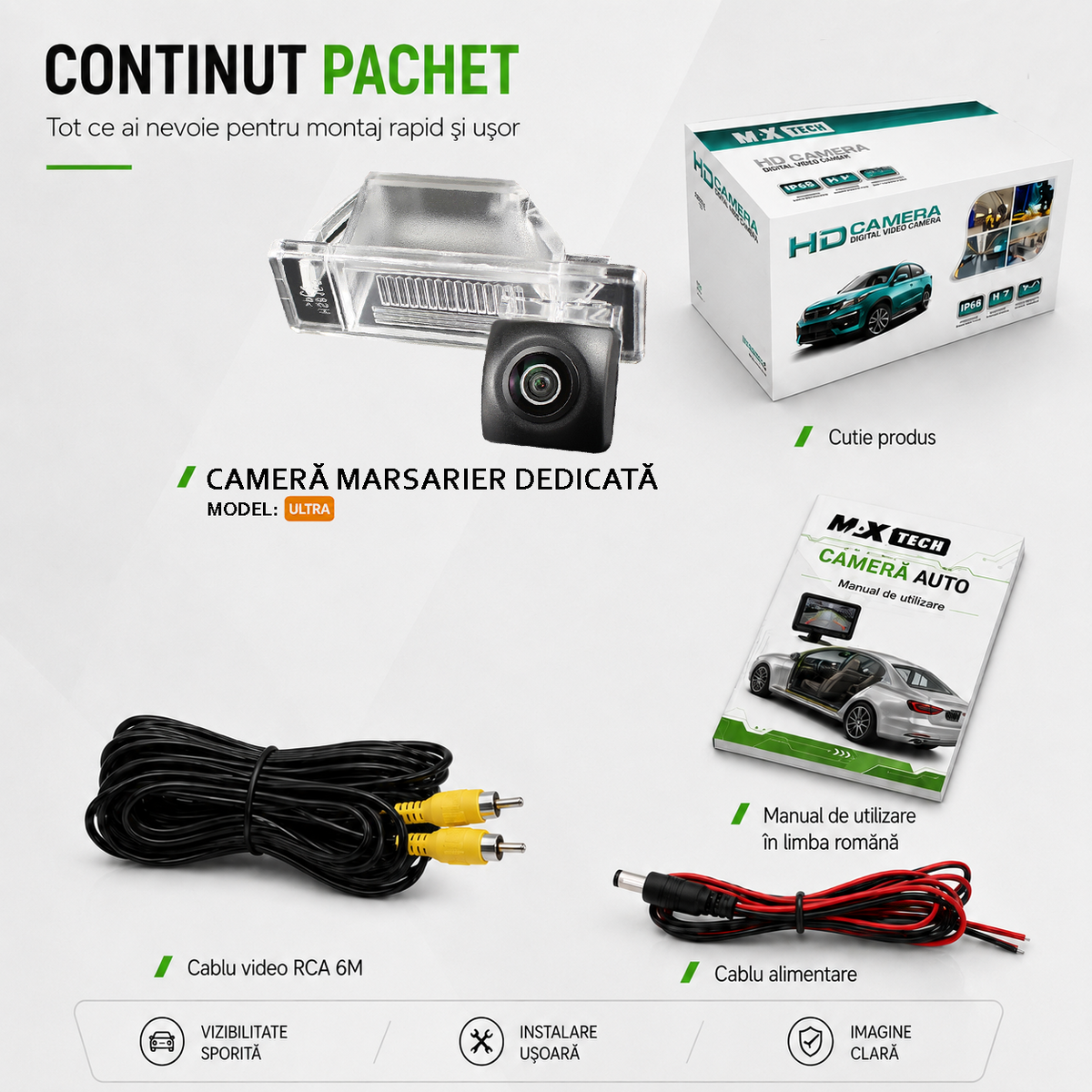 Camera marsarier Nissan Qashqai I, Qashqai+2, X-Trail II dedicata, MaxTech ULTRA, suport lampa numar OEM, Fisheye AHD 1080p / CVBS 720p, unghi 175 grade, RCA, navigatii Android aftermarket