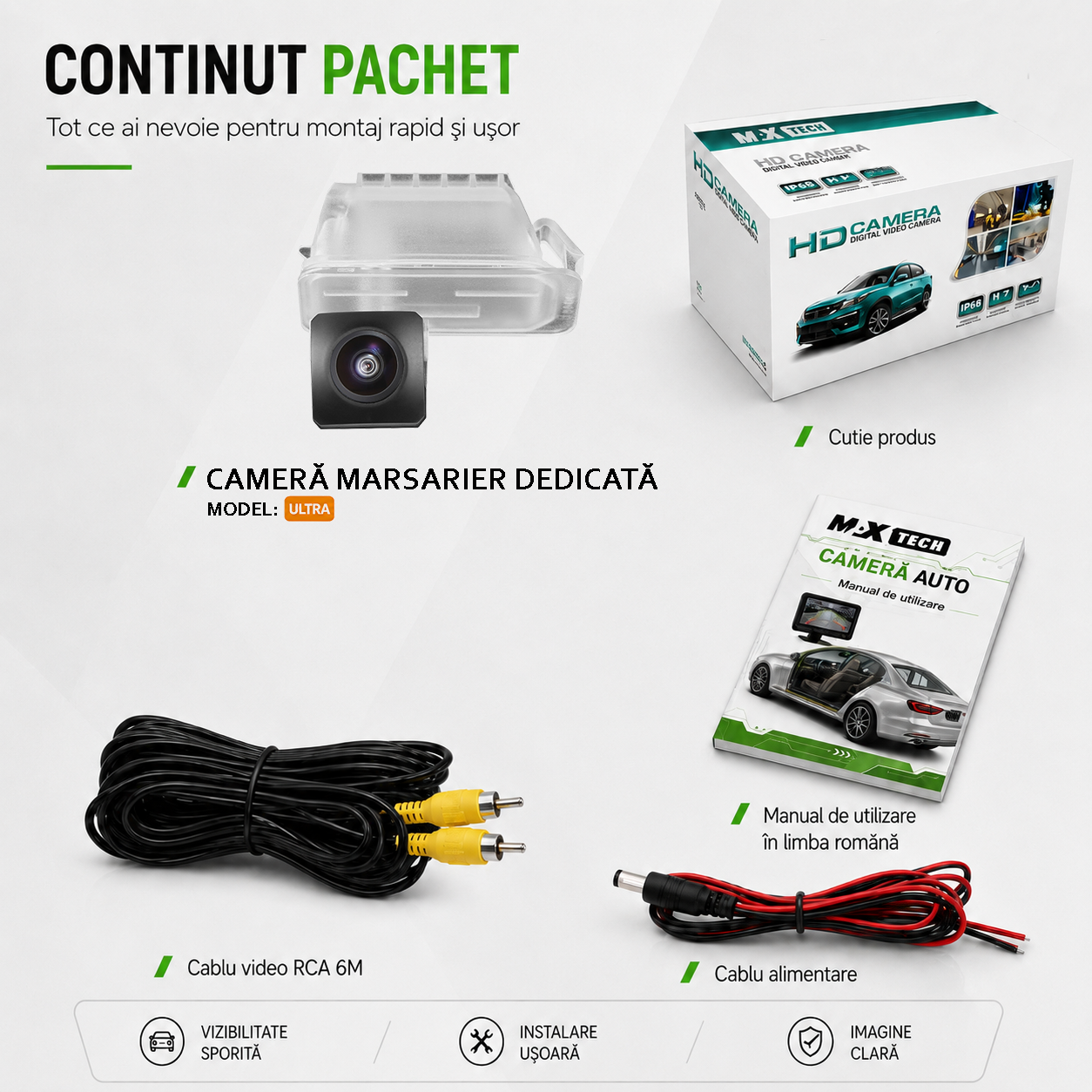 Camera marșarier Ford Fiesta, Focus, Mondeo, Kuga, S-Max dedicată, MaxTech® ULTRA, suport lampă număr OEM, Fisheye AHD 1080p / CVBS 720p, unghi 175°, RCA, navigații Android aftermarket