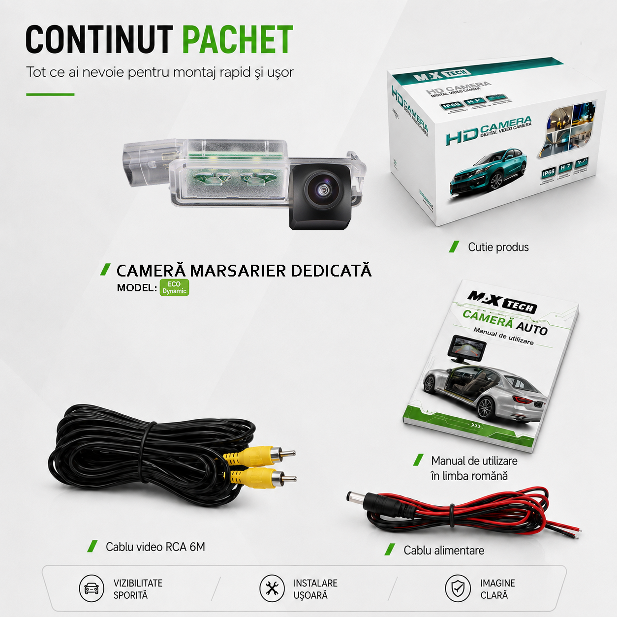 Camera marsarier Volkswagen Golf VII, Golf VI, Golf VI Cabrio, Scirocco, Polo, Passat CC, Passat B7 dedicata, MaxTech ECO Dynamic, suport lampa numar OEM, CVBS 960x720, unghi 155 grade, linii dinamice, RCA, navigatii Android aftermarket