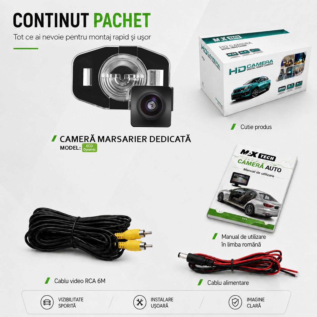 Camera marsarier Toyota Corolla E140 E150 dedicata, MaxTech ECO Dynamic, suport lampa numar OEM, CVBS 960x720, unghi 155 grade, linii dinamice, RCA, navigatii Android aftermarket