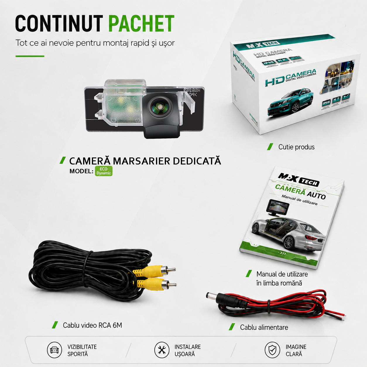 Camera marsarier Audi A1 8X, A3 S3 8V, Q3 8U, Q5 8R dedicata, MaxTech ECO Dynamic, suport lampa numar OEM, CVBS 960x720, unghi 155 grade, linii dinamice, RCA, navigatii Android aftermarket