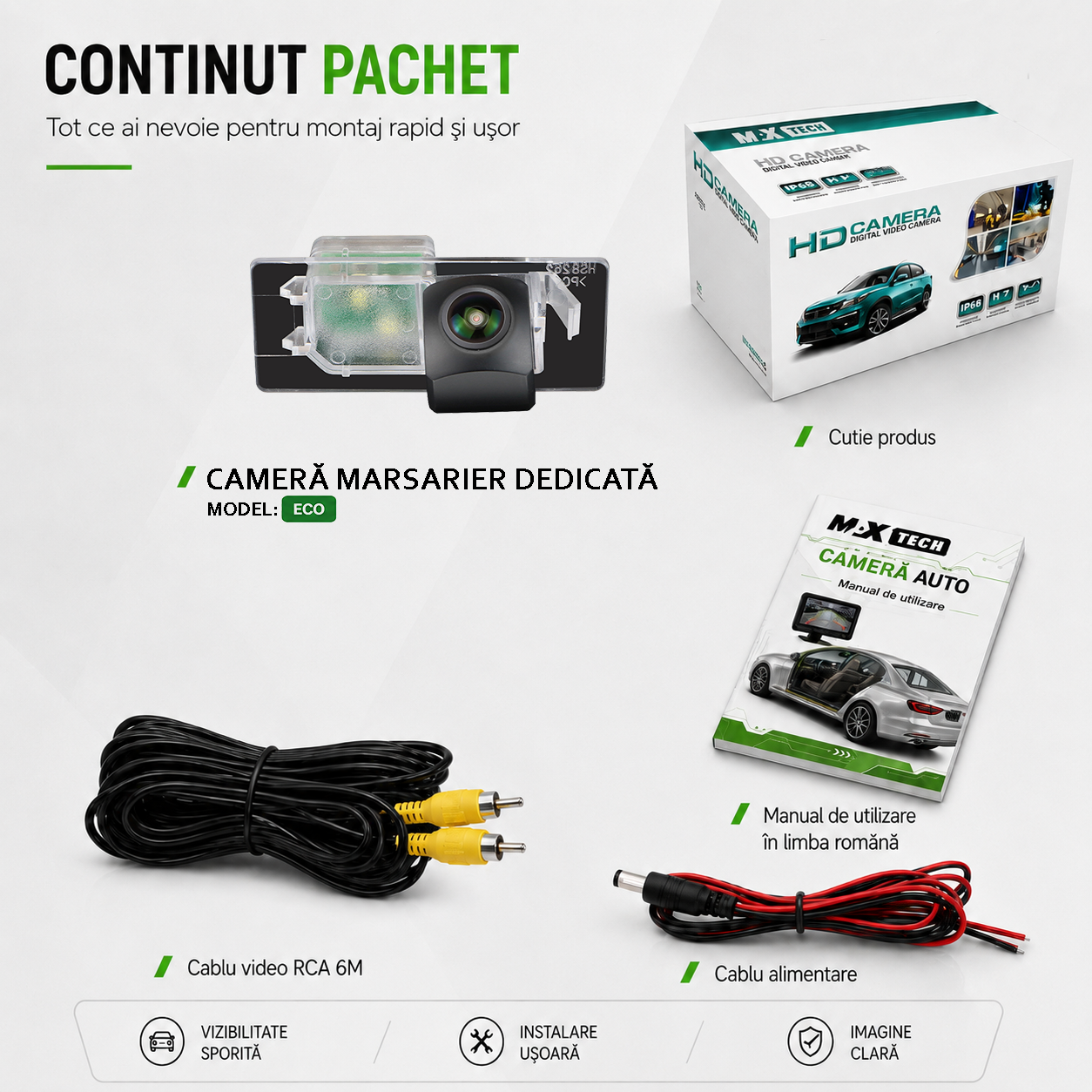 Camera marsarier Audi A1, A3, S3, Q3, Q5 dedicata, MaxTech ECO, suport lampa numar OEM, Fisheye CVBS 720x480, unghi 120 grade, RCA, navigatii Android aftermarket
