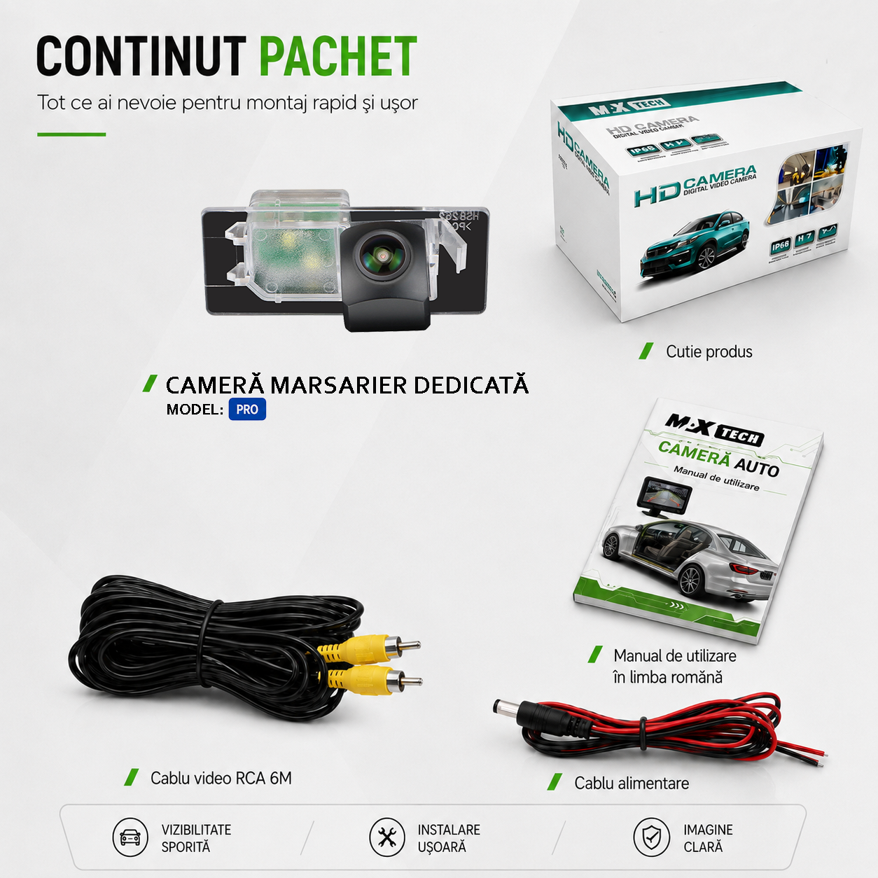 Camera marsarier Audi A1 8X, A3 S3 8V, Q3 8U, Q5 8R dedicata, MaxTech PRO, suport lampa numar OEM, AHD/CVBS 1280x720, unghi 155 grade, RCA, navigatii Android aftermarket