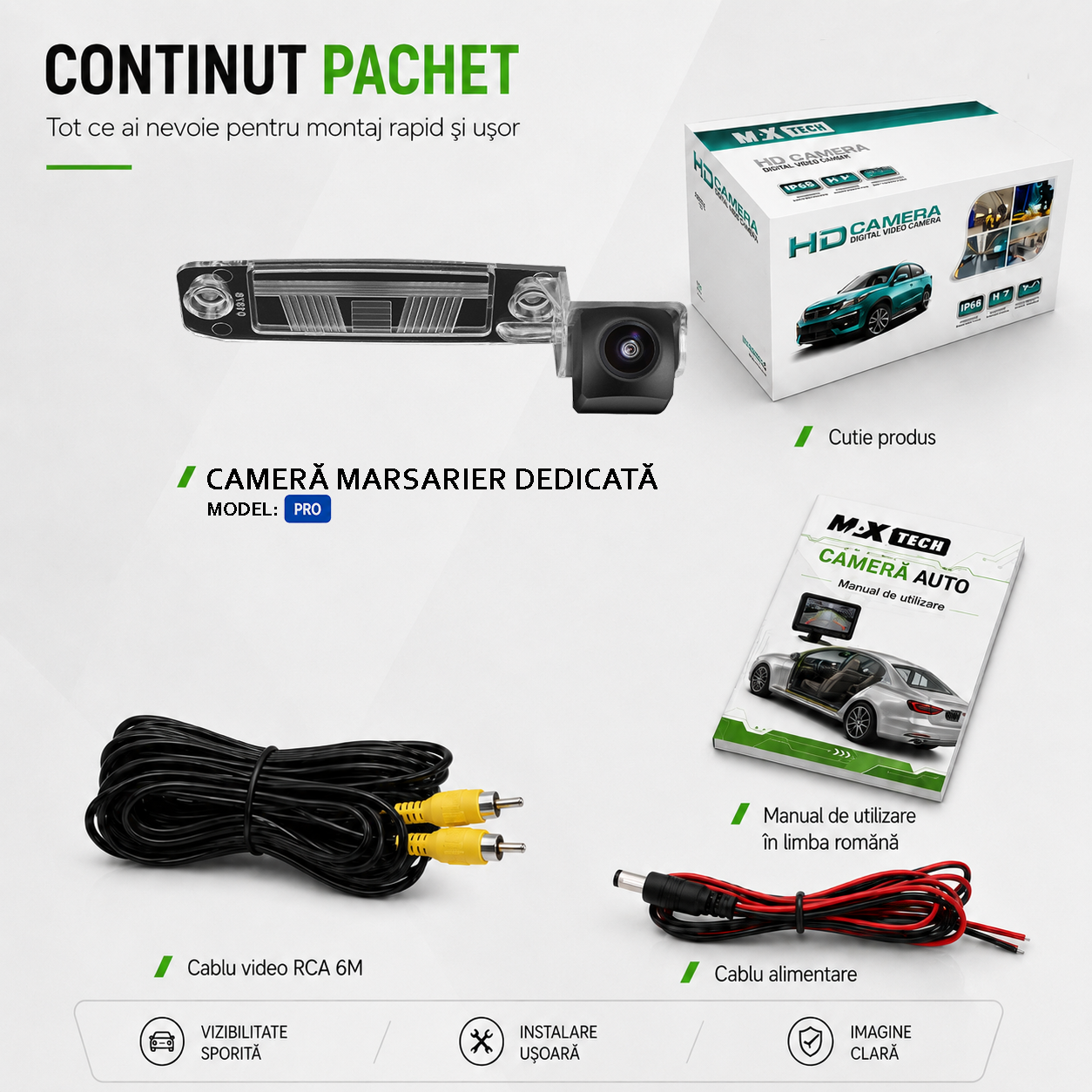 Camera marsarier Toyota Corolla E140 E150 dedicata, MaxTech PRO, suport lampa numar OEM, AHD/CVBS 1280x720, unghi 155 grade, RCA, navigatii Android aftermarket