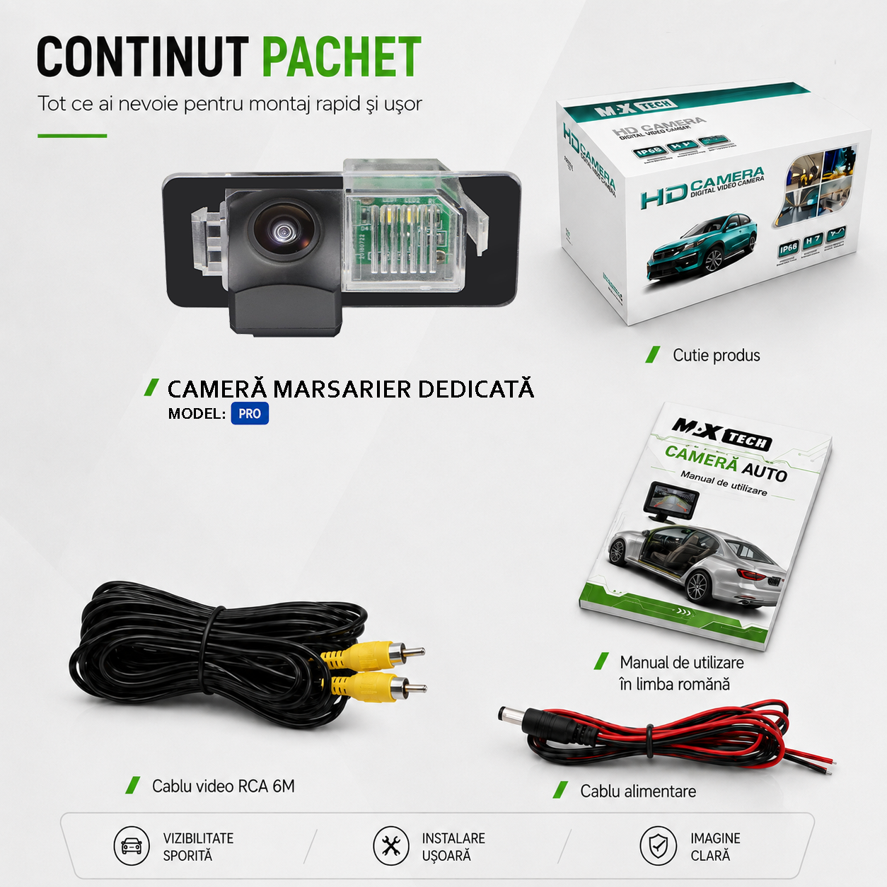Camera marsarier BMW Seria 3 E90 E91 E92, Seria 5 E39 E60 E61, X6 E71 dedicata, MaxTech PRO, suport lampa numar OEM, AHD/CVBS 1280x720, unghi 155 grade, RCA, navigatii Android aftermarket