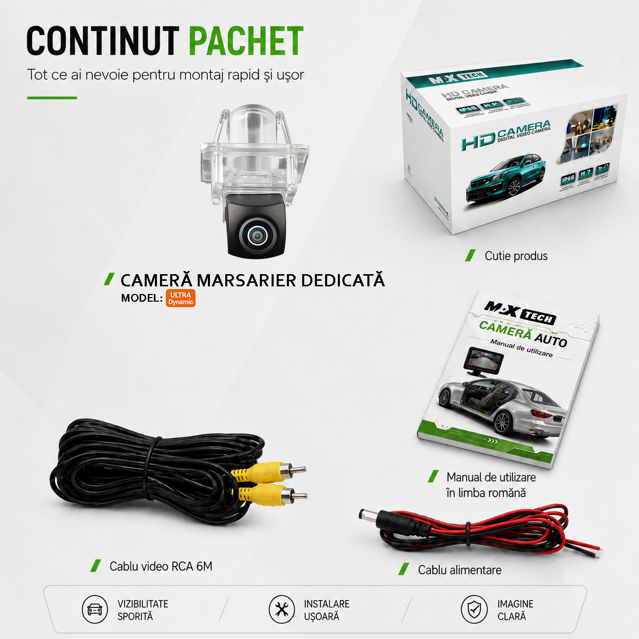 Camera marsarier Mercedes-Benz C-Class W204 S204, E-Class W212 S212 dedicata, MaxTech ULTRA Dynamic, suport lampa numar OEM, AHD 1080p CVBS 720p, unghi 155 grade, linii dinamice, RCA, navigatii Android aftermarket