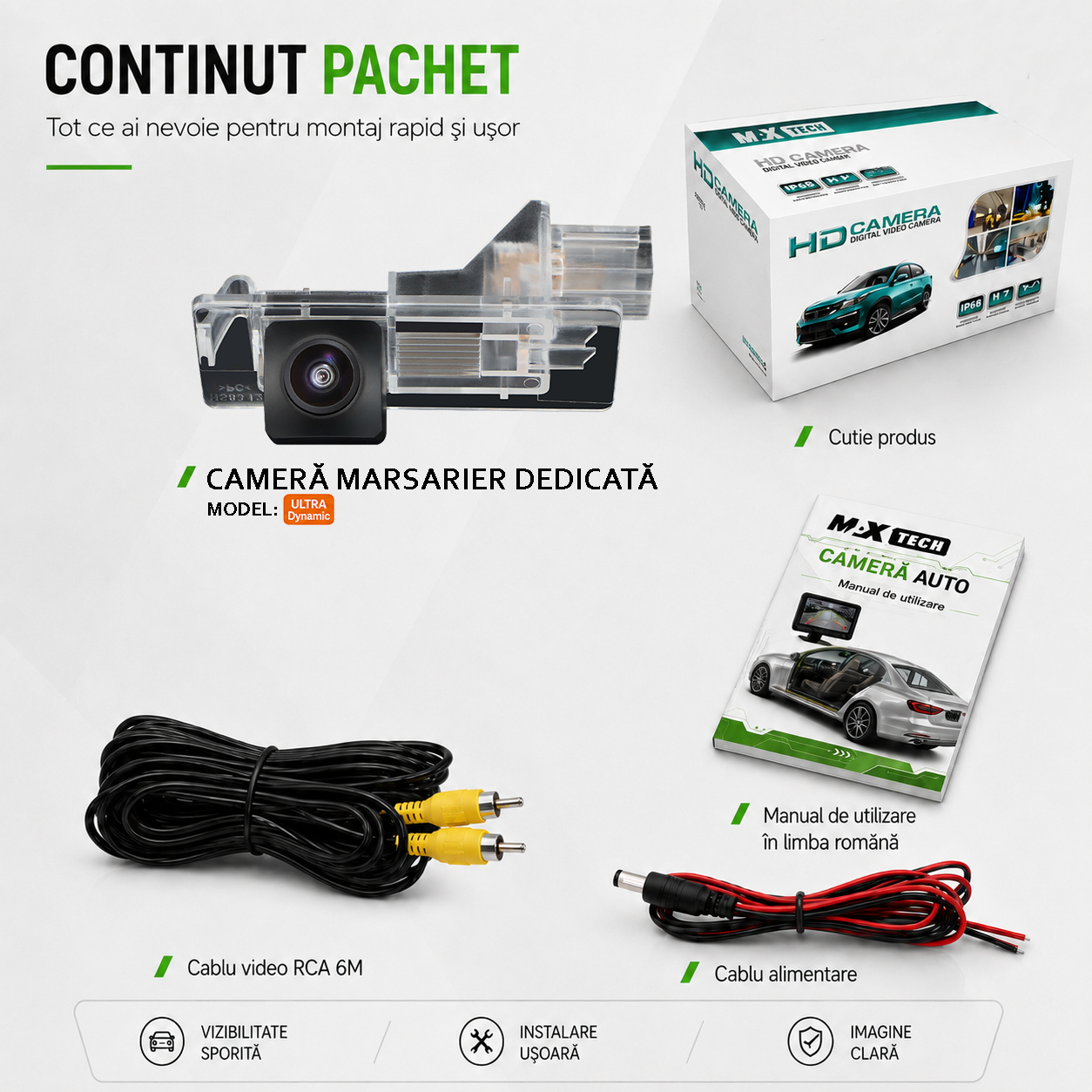 Camera marsarier Renault Clio IV, Clio III facelift, Fluence facelift, Kadjar dedicata, MaxTech ULTRA Dynamic, suport lampa numar OEM, AHD 1080p CVBS 720p, unghi 155 grade, linii dinamice, RCA, navigatii Android aftermarket