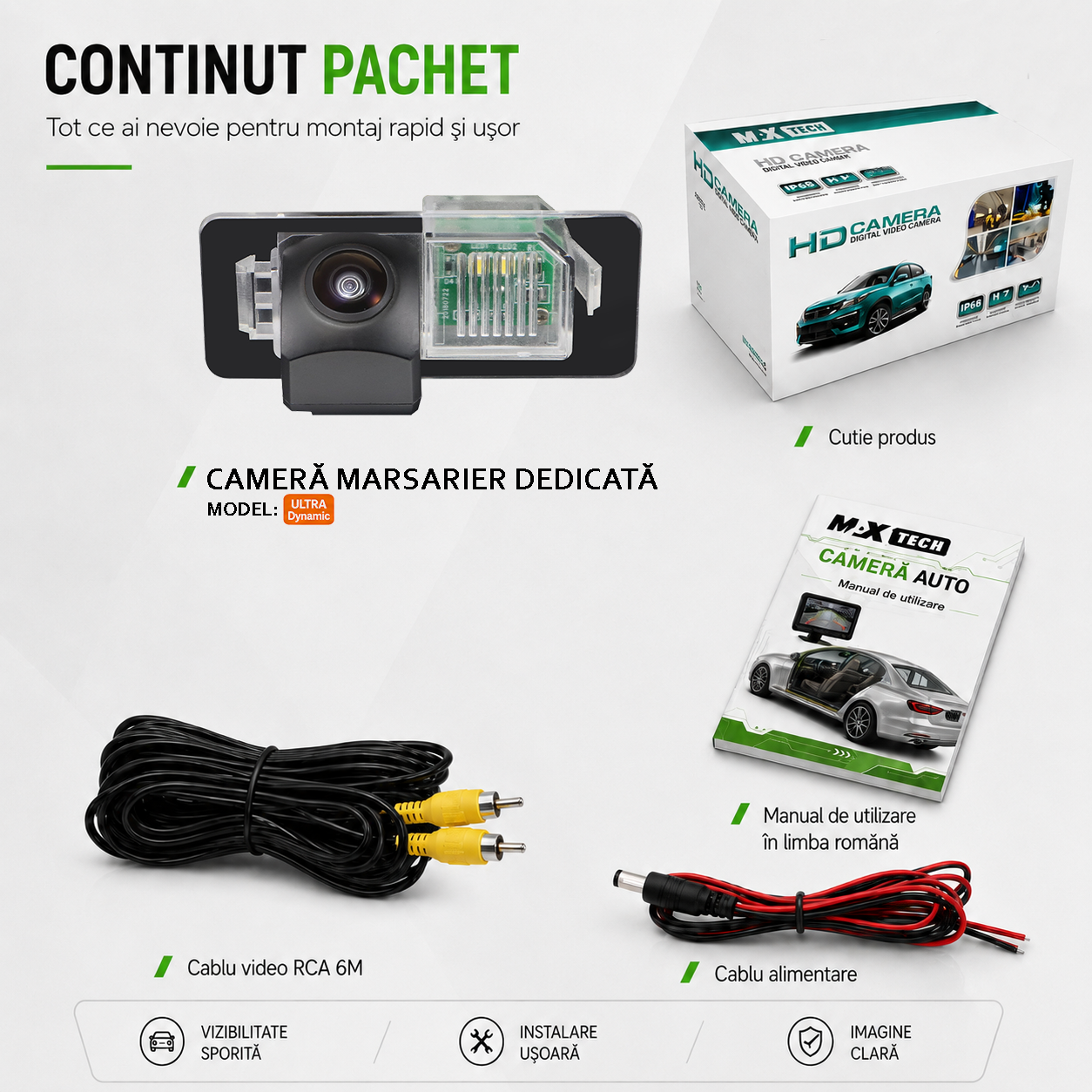 Camera marsarier BMW Seria 3 E90 E91 E92, Seria 5 E39 E60 E61, X6 E71 dedicata, MaxTech ULTRA Dynamic, suport lampa numar OEM, AHD 1080p CVBS 720p, unghi 155 grade, linii dinamice, RCA, navigatii Android aftermarket