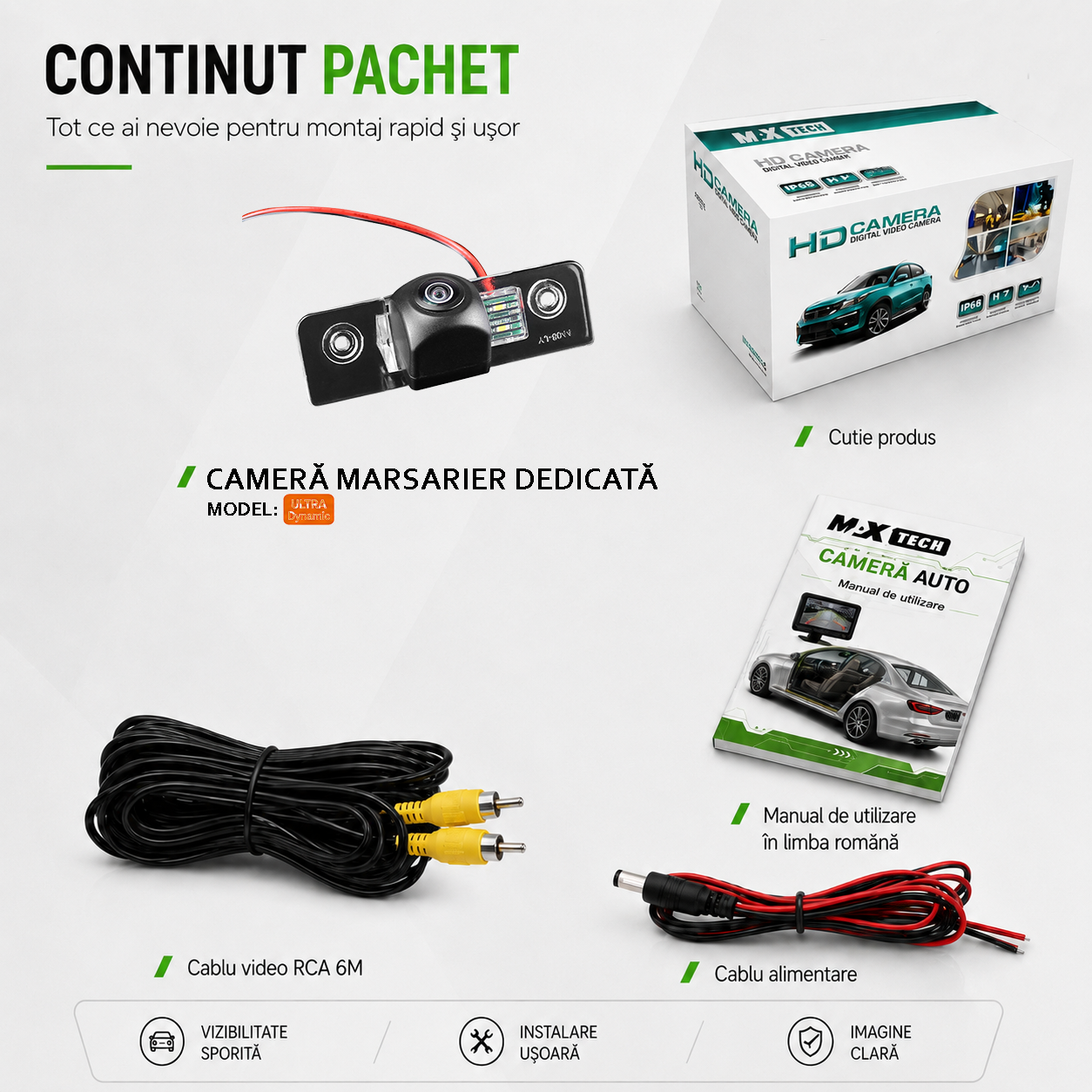 Camera marsarier Skoda Octavia II 1Z facelift, Octavia Combi, Scout, RS, Roomster dedicata, MaxTech ULTRA Dynamic, suport lampa numar OEM, AHD 1080p CVBS 720p, unghi 155 grade, linii dinamice, RCA, navigatii Android aftermarket