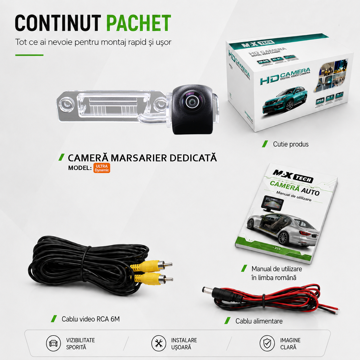 Camera marsarier Skoda Superb II 3T, Volkswagen Passat B6 B7, Passat CC, Bora dedicata, MaxTech ULTRA Dynamic, suport lampa numar OEM, AHD 1080p CVBS 720p, unghi 155 grade, linii dinamice, RCA, navigatii Android aftermarket