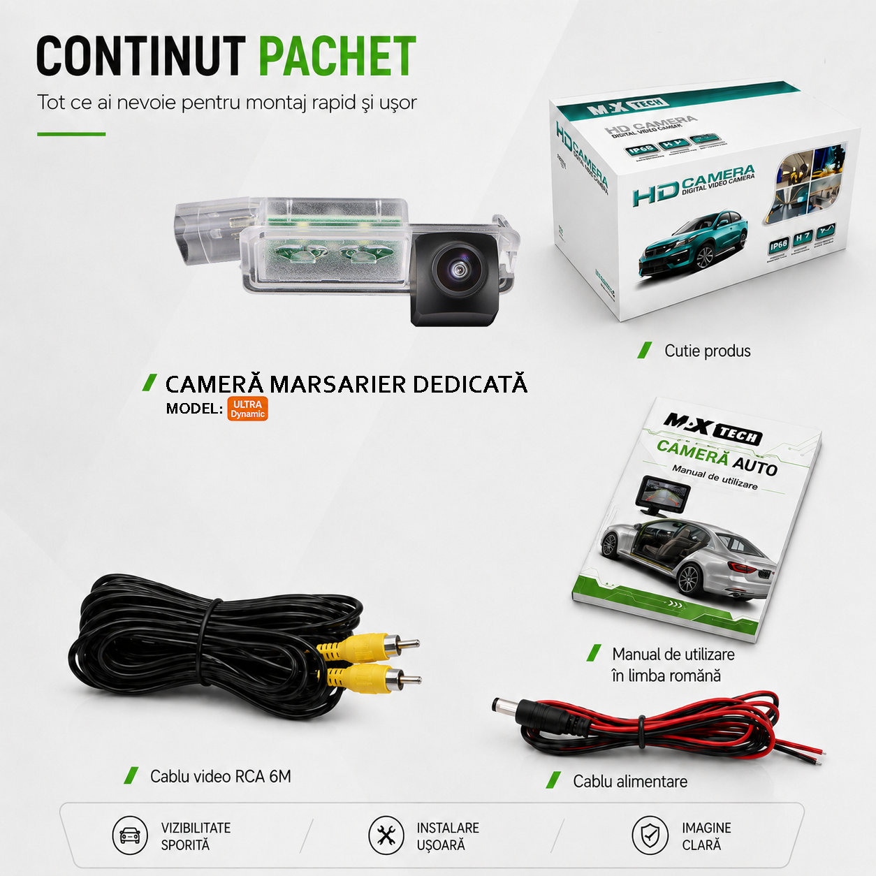 Camera marsarier Volkswagen Golf VII, Golf VI, Golf VI Cabrio, Scirocco, Polo 6R 6C, Passat CC, Passat B7 dedicata, MaxTech ULTRA Dynamic, suport lampa numar OEM, AHD 1080p CVBS 720p, unghi 155 grade, linii dinamice, RCA, navigatii Android aftermarket