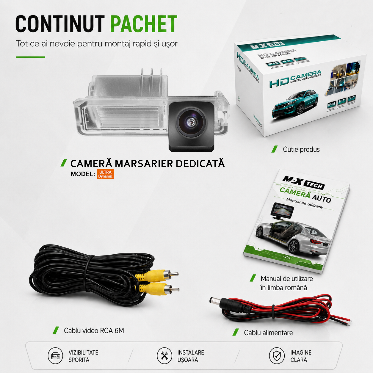 Camera marsarier Volkswagen Golf VI, Polo V 6R dedicata, MaxTech ULTRA Dynamic, suport lampa numar OEM, AHD 1080p CVBS 720p, unghi 155 grade, linii dinamice, RCA, navigatii Android aftermarket