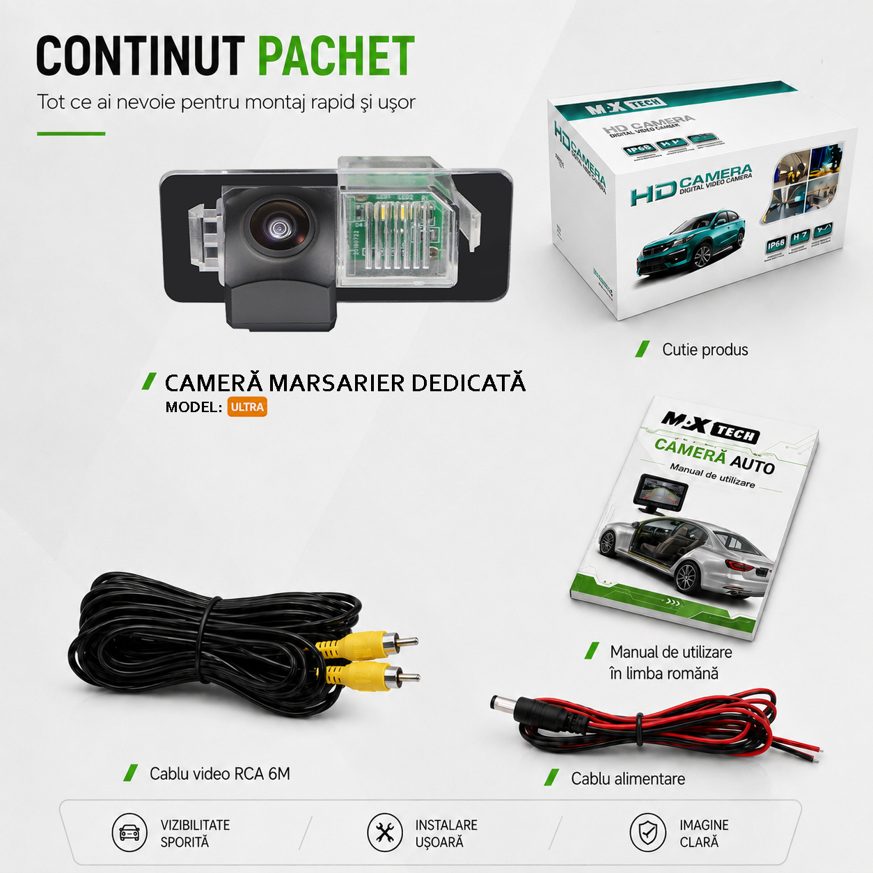Camera marsarier BMW Seria 3 E90 E91 E92, Seria 5 E39 E60 E61, X6 E71 dedicata, MaxTech ULTRA, suport lampa numar OEM, Fisheye AHD 1080p / CVBS 720p, unghi 175 grade, RCA, navigatii Android aftermarket