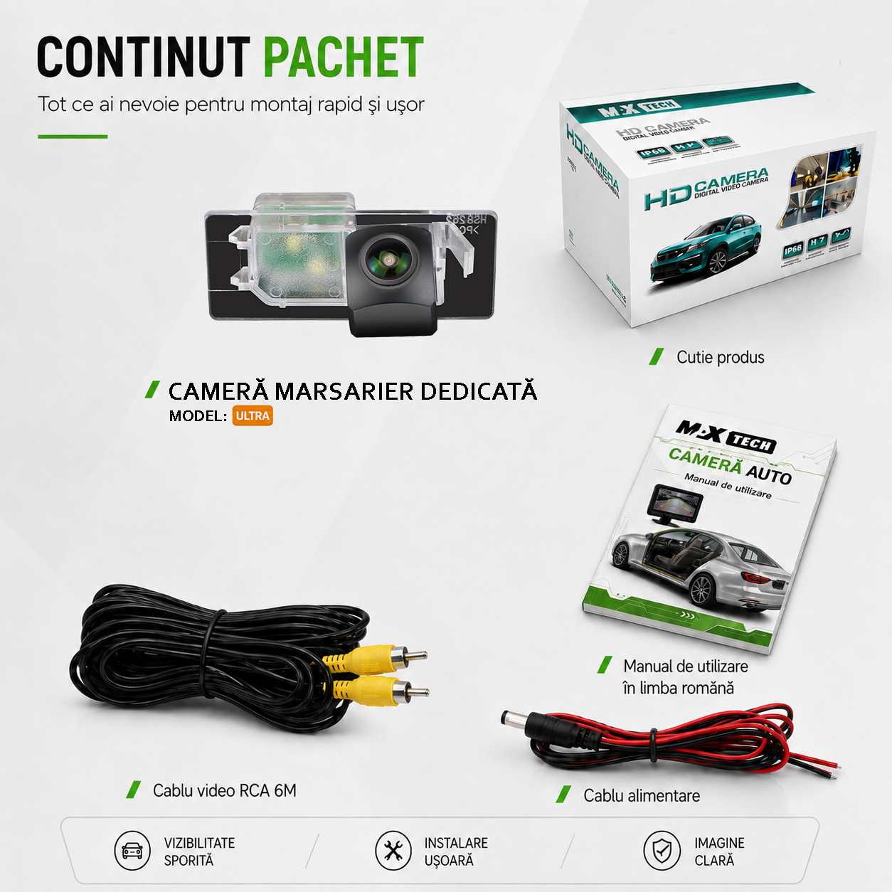 Camera marsarier Audi A1 8X, A3 S3 8V, Q3 8U, Q5 8R dedicata, MaxTech ULTRA, suport lampa numar OEM, Fisheye AHD 1080p / CVBS 720p, unghi 175 grade, RCA, navigatii Android aftermarket