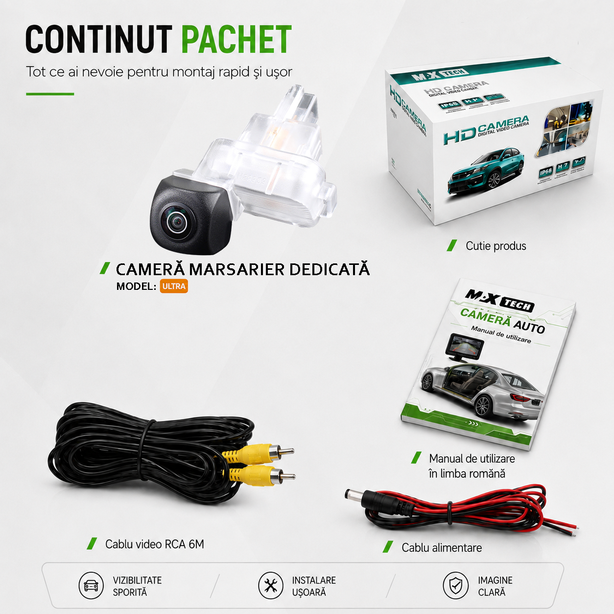 Camera marsarier Mazda 3 BM BN dedicata, MaxTech ULTRA, suport lampa numar OEM, Fisheye AHD 1080p / CVBS 720p, unghi 175 grade, RCA, navigatii Android aftermarket