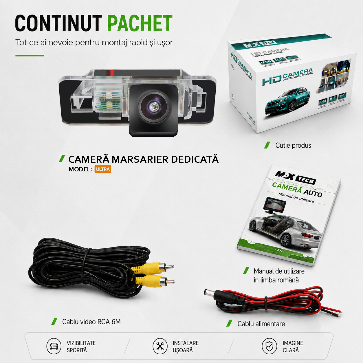 Camera marsarier BMW Seria 1 E82, Seria 3 E90 E91 E92, Seria 5 E39 E60 E61, X5 E70, X6 E71 dedicata, MaxTech ULTRA, suport lampa numar OEM, Fisheye AHD 1080p / CVBS 720p, unghi 175 grade, RCA, navigatii Android aftermarket