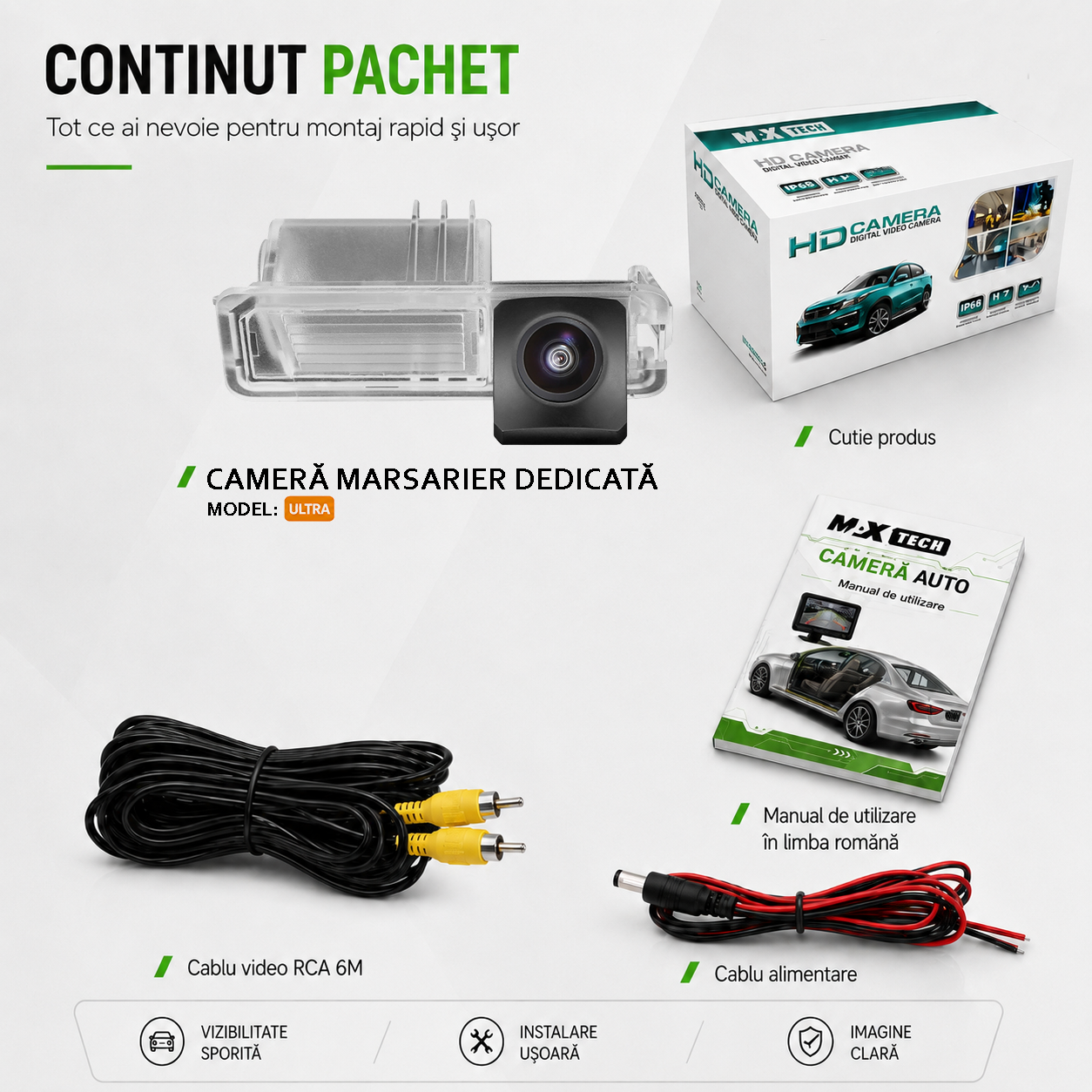 Camera marsarier Volkswagen Golf VI Mk6, Polo V 6R dedicata, MaxTech ULTRA, suport lampa numar OEM, Fisheye AHD 1080p / CVBS 720p, unghi 175 grade, RCA, navigatii Android aftermarket