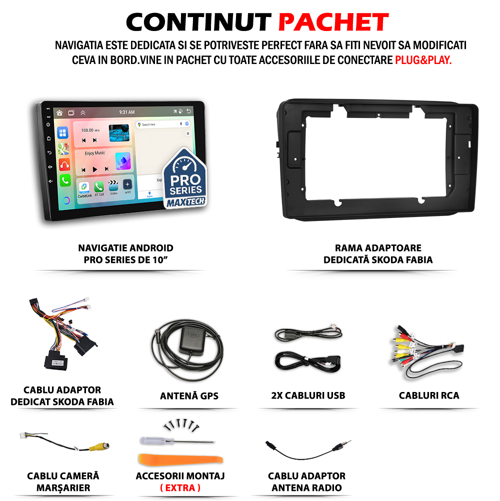 Navigatie Skoda Fabia II / Roomster (2008-2014) dedicata, MaxTech® PRO SERIES, 6 GB Ram 128 GB Rom, Carplay si Android auto, Ecran 10” HD Touch, GPS, Wifi, Bluetooth, Radio, USB, EQ, DSP, Waze