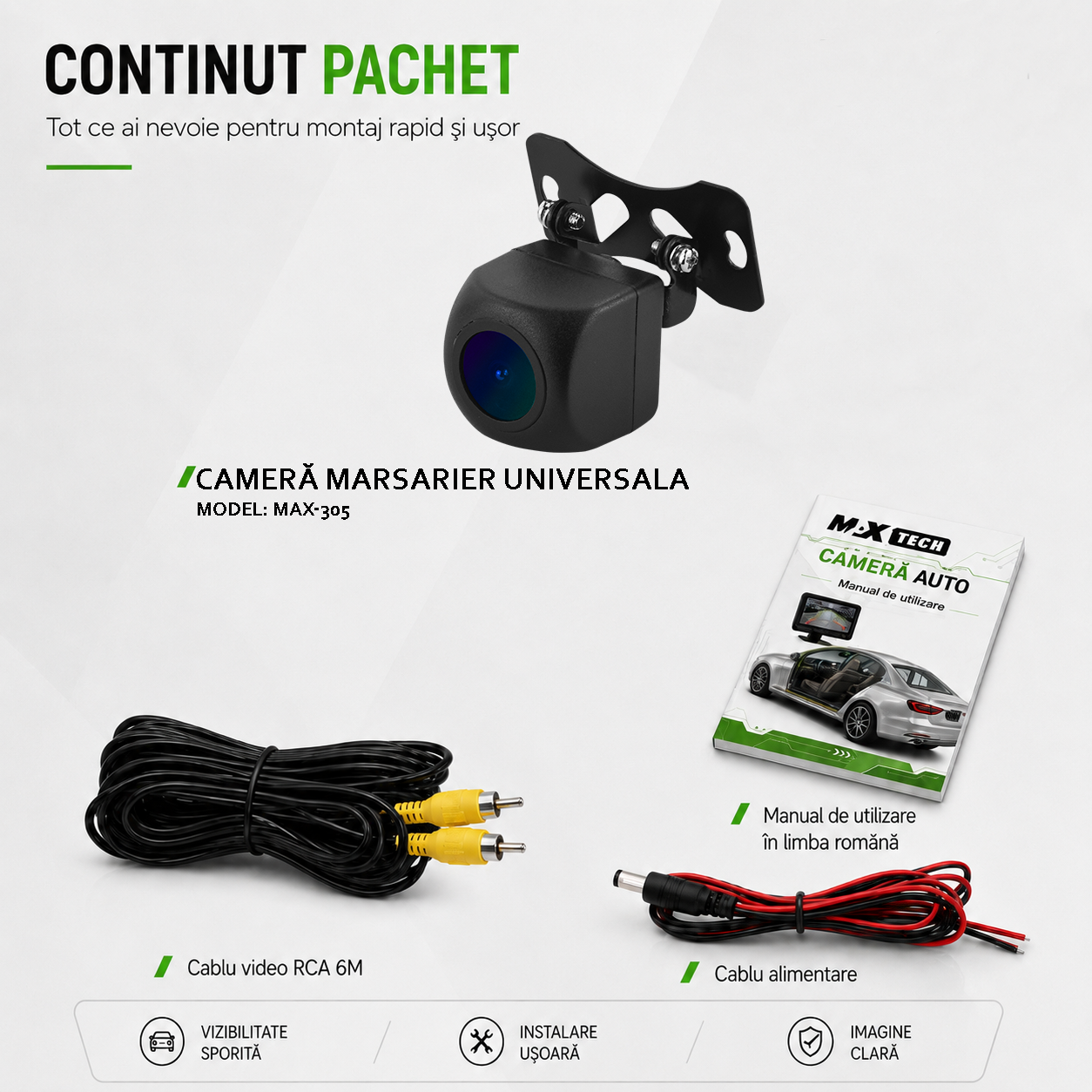 Camera marsarier universala MaxTech®, AHD 1080P, unghi 170 grade, lentila fisheye 6 elemente, night vision, IP67, RCA, 12V