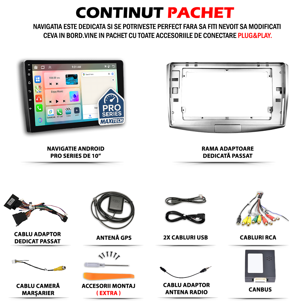 Navigatie Volkswagen Passat B6, B7, CC (2005-2014) dedicata, MaxTech® PRO SERIES, 2 GB Ram 64 GB Rom, Carplay si Android auto, Ecran 10” HD Touch, GPS, Wifi, Bluetooth, Radio, USB, EQ, DSP, Waze