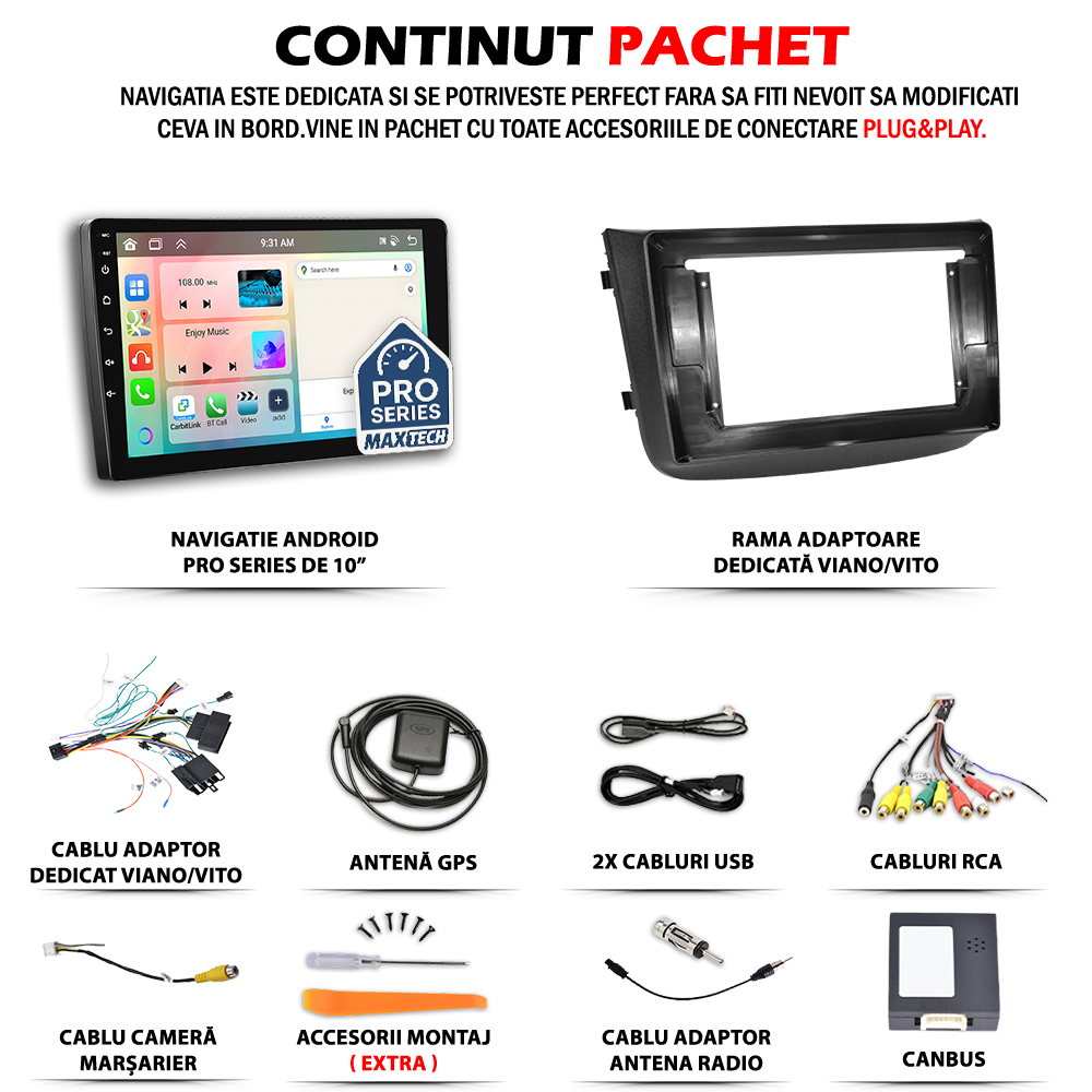 Navigatie Mercedes-Benz Viano W639 (2004-2011) / Vito W639 (2010-2014) dedicata, MaxTech® PRO SERIES, 8 GB Ram 128 GB Rom, OctaCore, Carplay si Android auto, Ecran 10” HD Touch, Sim 4G, ADI/HI-Res, GPS, Wifi, Bluetooth, Radio, USB, EQ, DSP, Waze