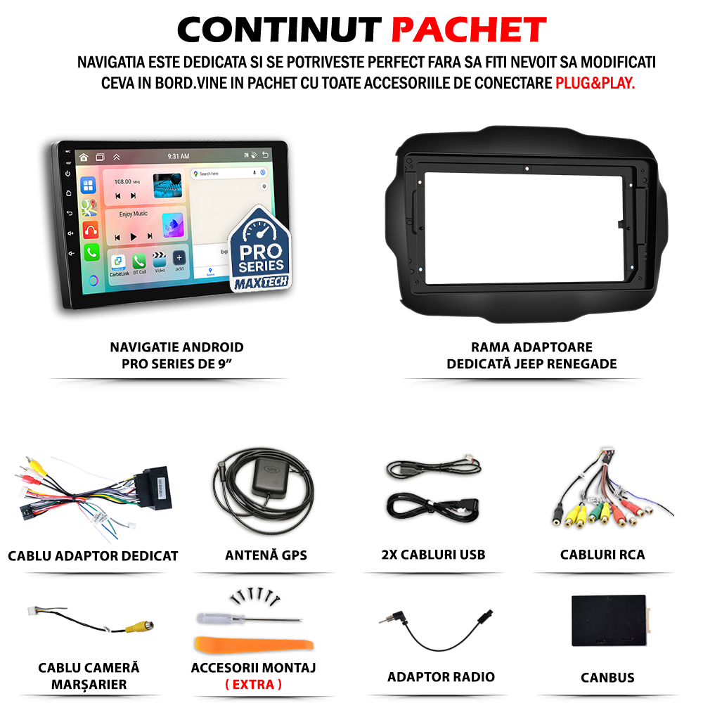 Navigatie Jeep Renegade (2016-2020) dedicata, MaxTech® PRO SERIES, 2 GB Ram 64 GB Rom, Carplay si Android auto, Ecran 9” HD Touch, GPS, Wifi, Bluetooth, Radio, USB, EQ, DSP, Waze