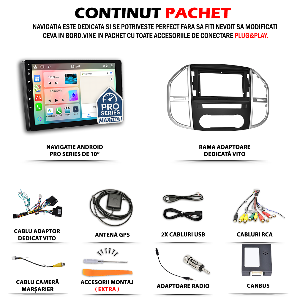 Navigatie Mercedes-Benz Vito III W447 (2014-2021) dedicata, MaxTech® PRO SERIES, 2 GB Ram 64 GB Rom, Carplay si Android auto, Ecran 10” HD Touch, GPS, Wifi, Bluetooth, Radio, USB, EQ, DSP, Waze