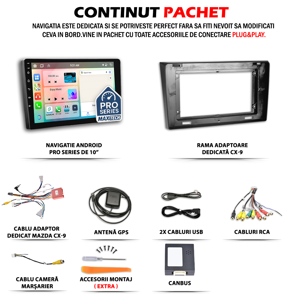 Navigatie Mazda CX-9 I (2007-2015) dedicata, MaxTech® PRO SERIES, 4 GB Ram 64 GB Rom, Carplay si Android auto, Ecran 10 ” HD Touch, GPS, Wifi, Bluetooth, Radio, USB, EQ, DSP, Waze