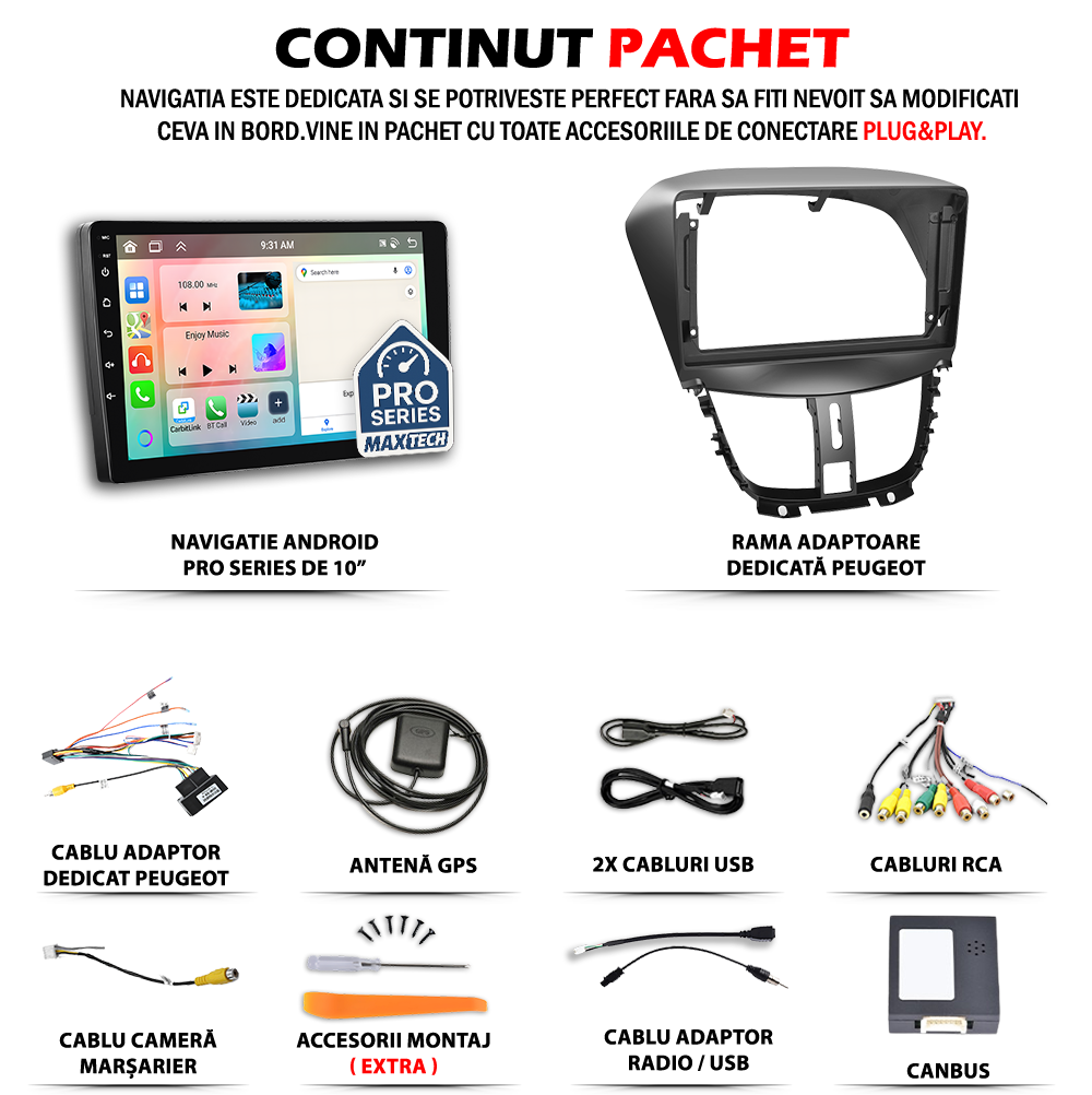 Navigatie Peugeot 207 I Facelift (2009–2013) dedicata, MaxTech® PRO SERIES, 4 GB Ram 64 GB Rom, Carplay si Android auto, Ecran 9 ” HD Touch, GPS, Wifi, Bluetooth, Radio, USB, EQ, DSP, Waze