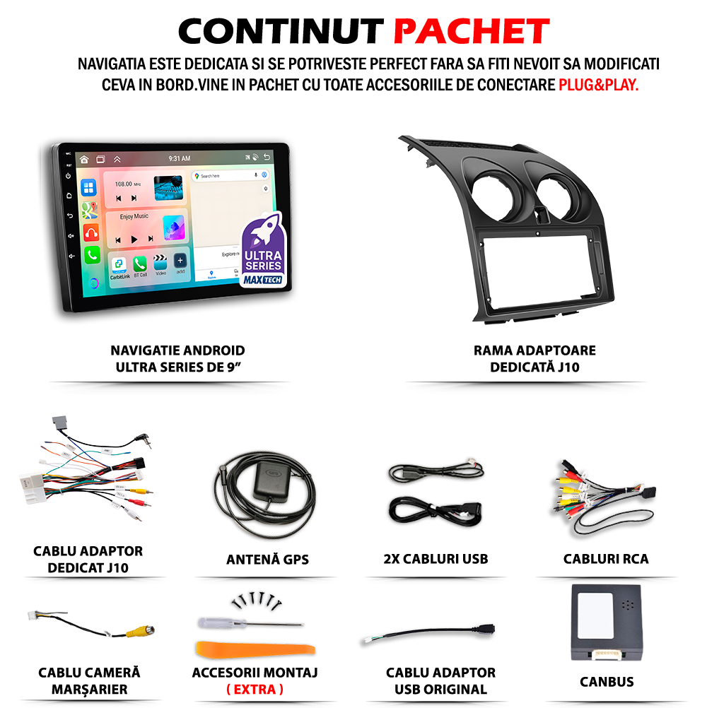 Navigatie Nissan Qashqai I J10 (2007-2013) CANBUS Inclus dedicata, MaxTech® PRO SERIES, 2 GB Ram 64 GB Rom, Carplay si Android auto, Ecran 9” HD Touch, GPS, Wifi, Bluetooth, Radio, USB, EQ, DSP, Waze