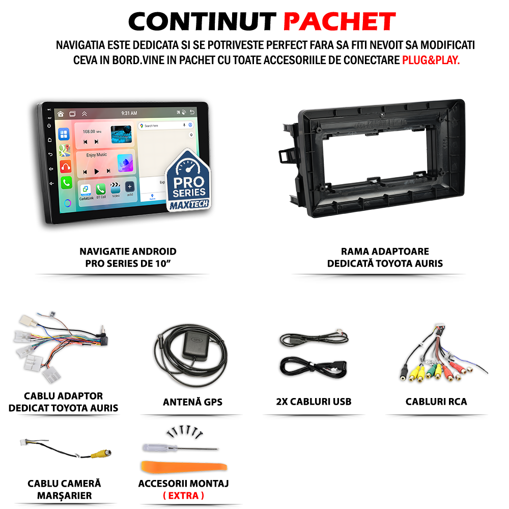 Navigatie Toyota Auris I (2007-2012) dedicata, MaxTech® PRO SERIES, 6 GB Ram 128 GB Rom, Carplay si Android auto, Ecran 10” HD Touch, GPS, Wifi, Bluetooth, Radio, USB, EQ, DSP, Waze